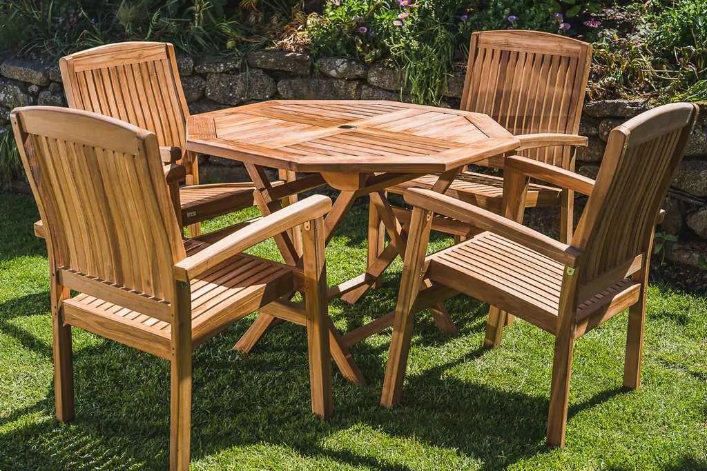 1m Solid Teak Octagonal Folding Table and 4 Charlotte Stacking Chair Patio Set