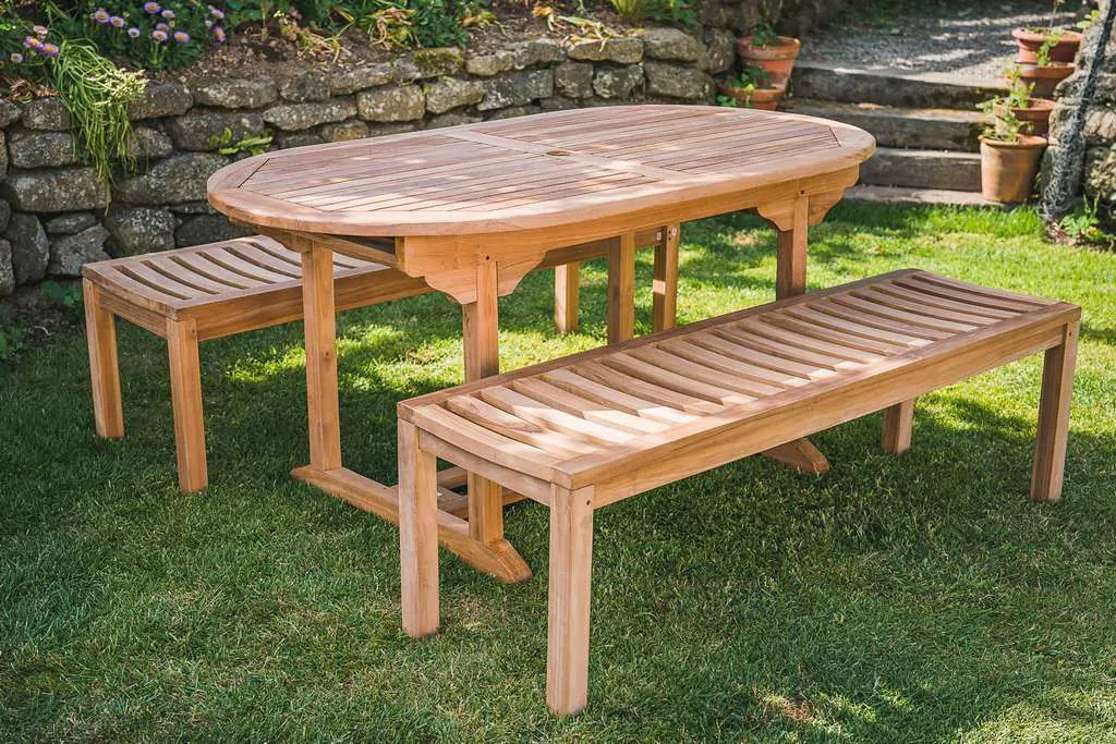 1.6m Solid Teak Oval Pedestal Table and 2 Backless Bench 6 Seater Patio Set