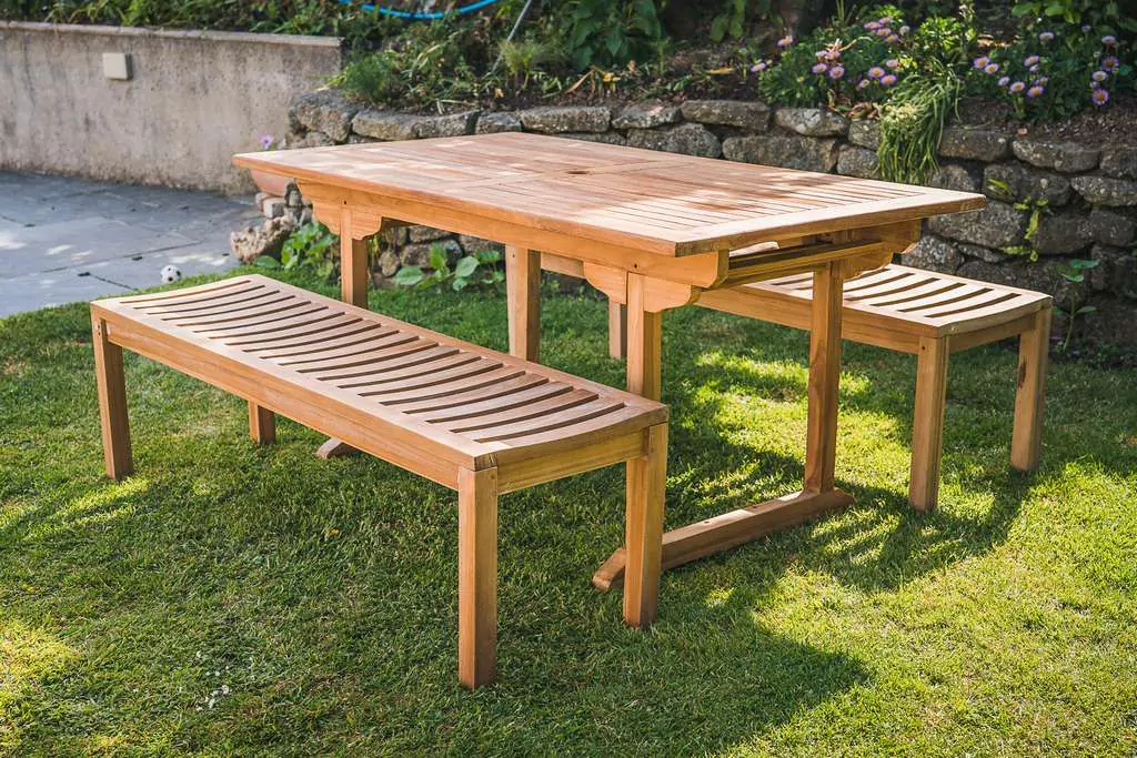 1.6m Rectangular Solid Teak Pedestal Table with 2 Backless Bench 6 Seater Patio Set