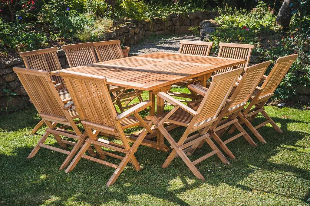 Square Extending 1.2m – 1.8m Solid Teak Table and 10 Folding Armchair Patio Set