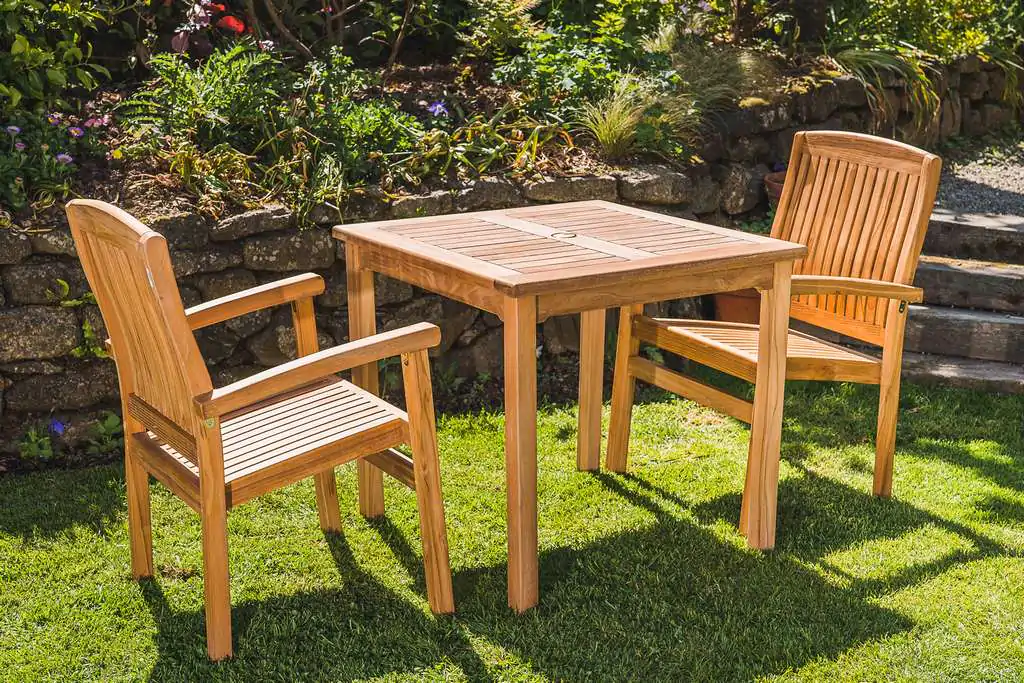80cm Solid Teak Square Fixed Table and 2 Charlotte Stacking Chair Patio Set