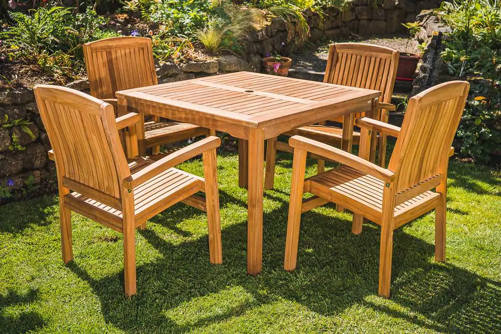 Solid Teak 1m Square Table and 4 Charlotte Stacking Chairs Patio Set