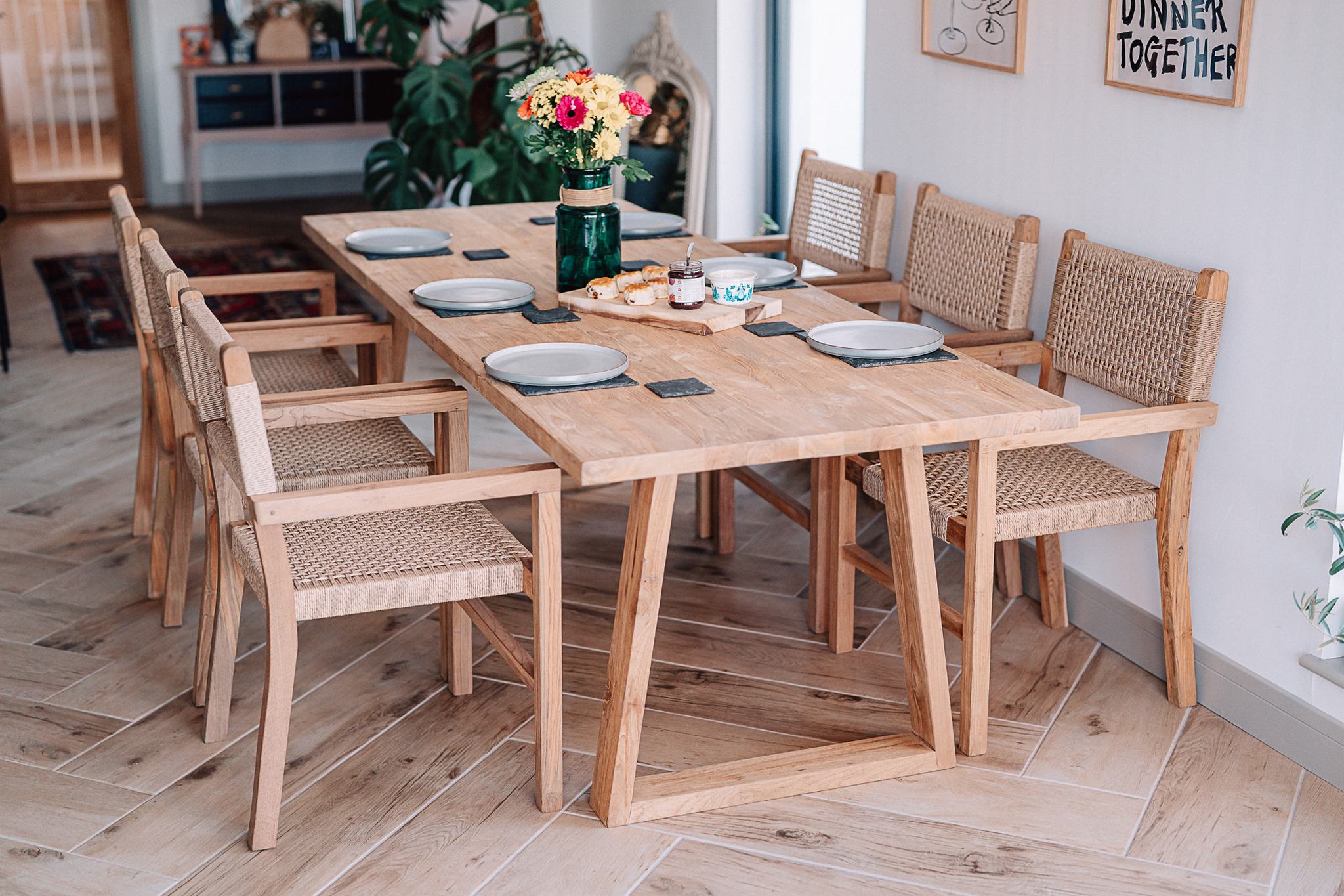 Kynance 2.2m Solid Reclaimed Teak Table and 6 Wicker Chairs