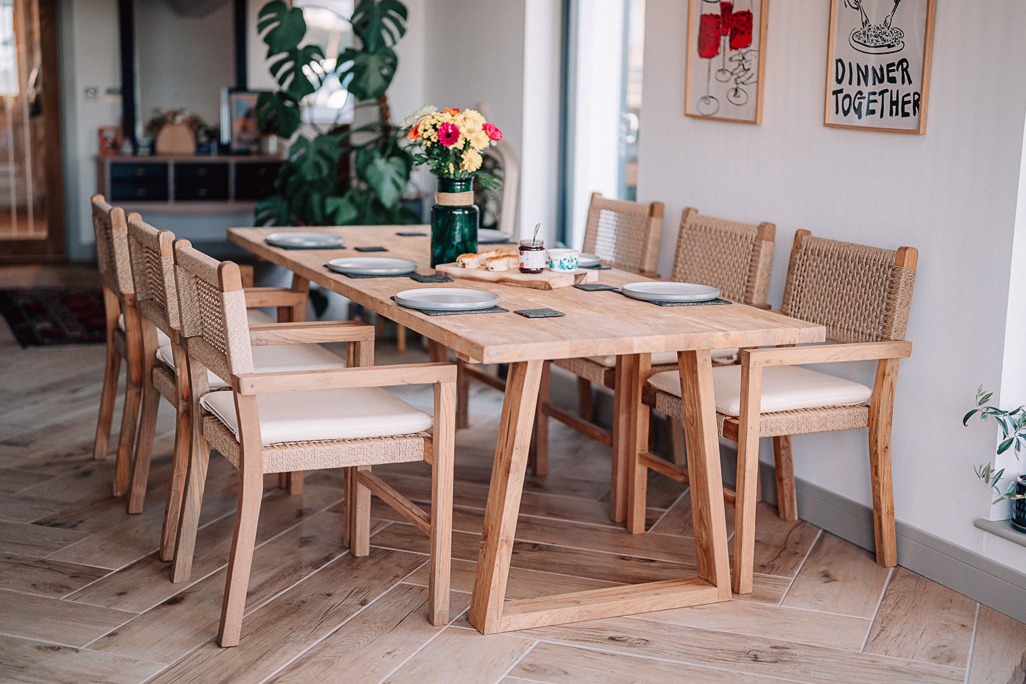 Reclaimed Solid Teak 2.2m Kynance Table with 6 Wicker Chairs and Cream Cushions