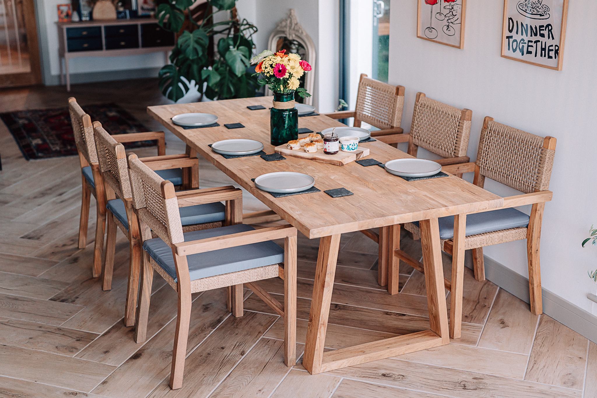 2.2m Kynance Solid Reclaimed Teak Table with 6 Wicker Chairs and Grey Cushions