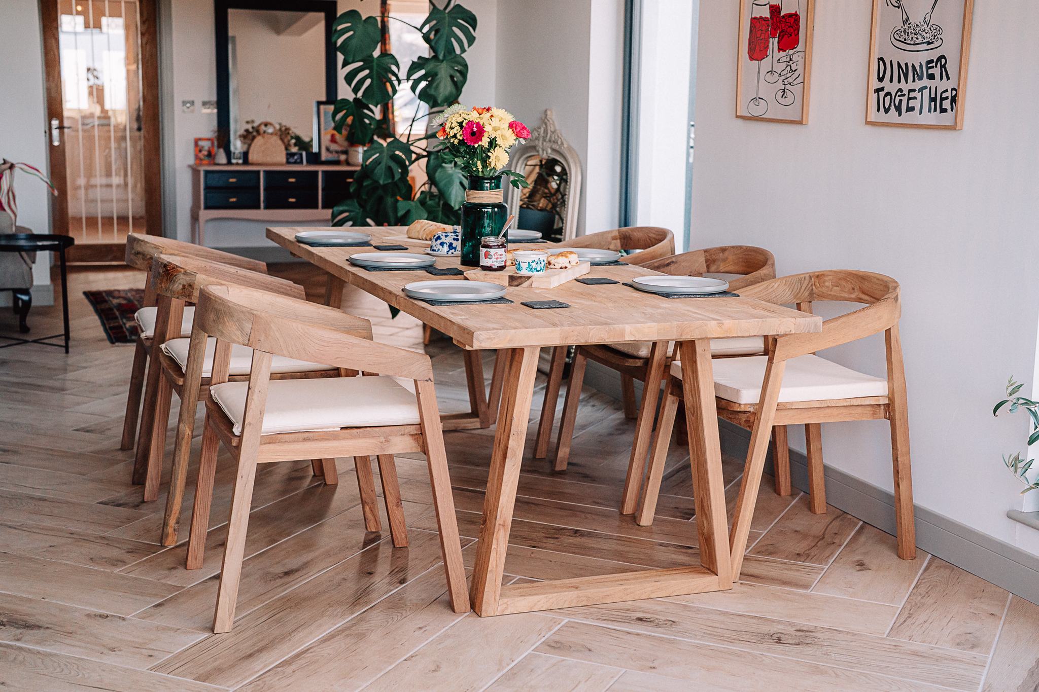 Kynance 2.2m Reclaimed Teak table with 6 Round Back Chairs and Cream Cushions