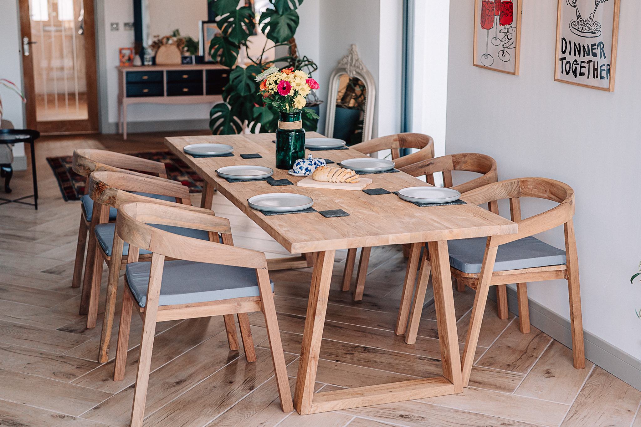 Solid Reclaimed Teak Kynance 2.2m Table with 6 Round Back Chairs and Grey Cushions