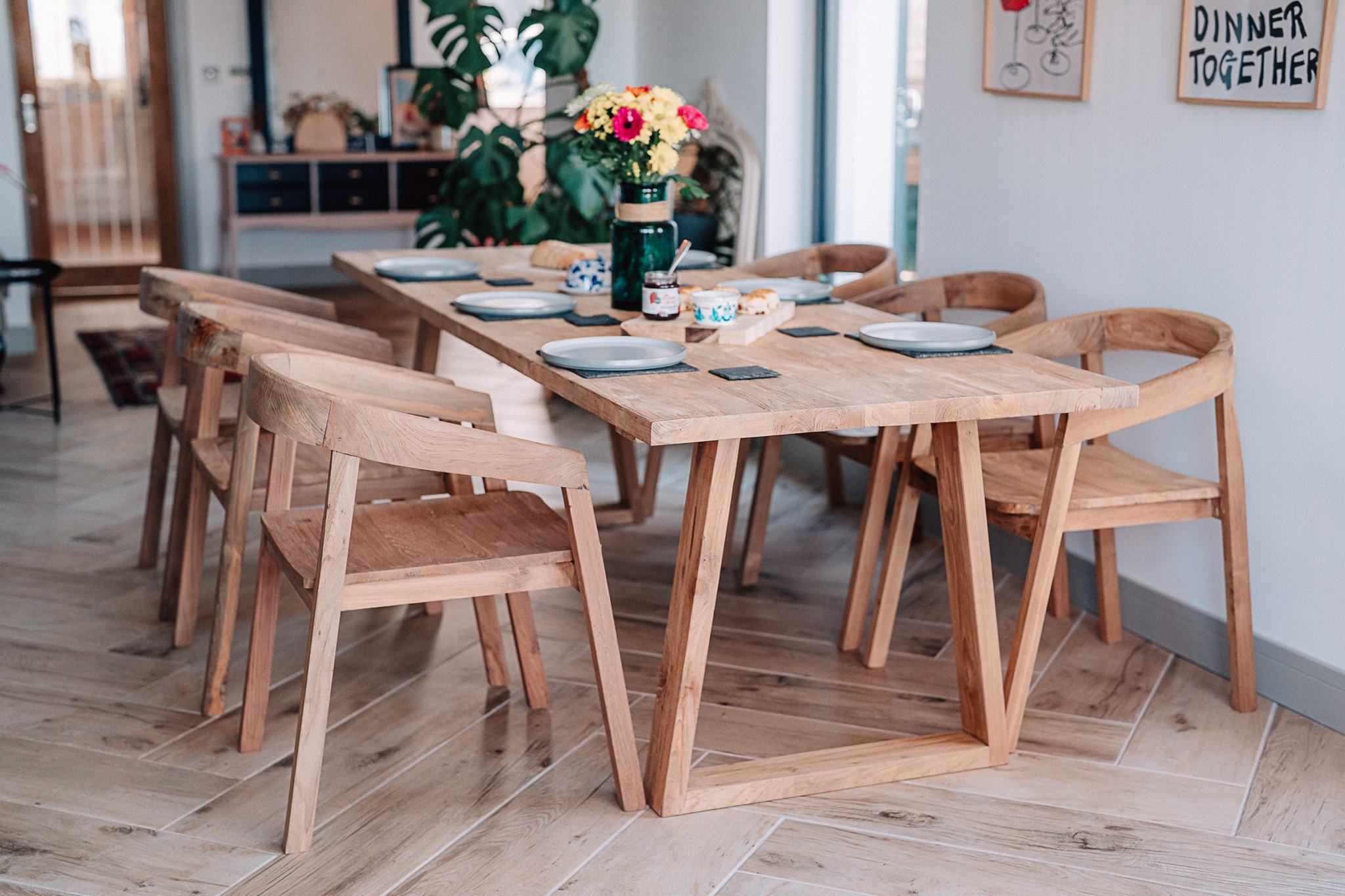 Reclaimed Solid Teak 2.2m Kynance Table with 6 Round Back Chairs