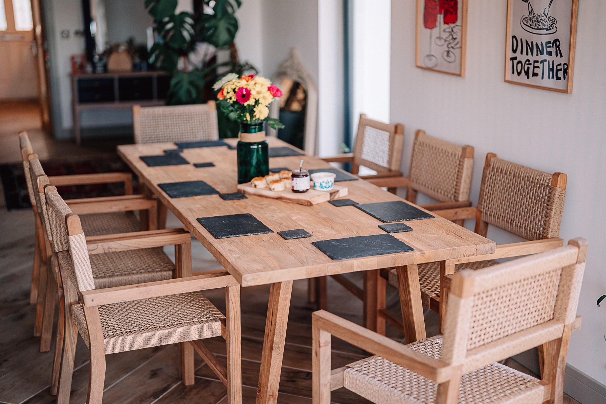 Kynance 2.2m Solid Reclaimed Teak Table with 8 Wicker Chairs