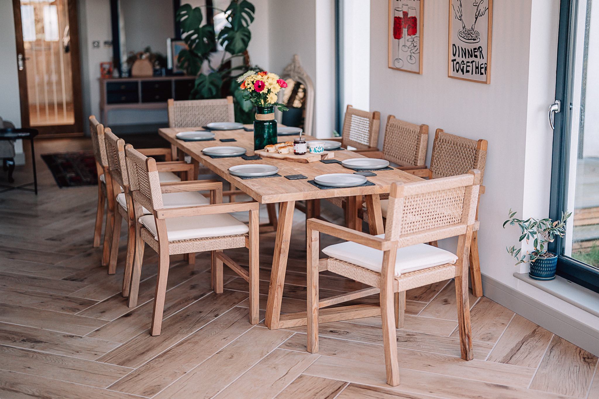 Reclaimed Teak 2.2m Kynance Table with 8 Wicker Chairs and Cream Cushions