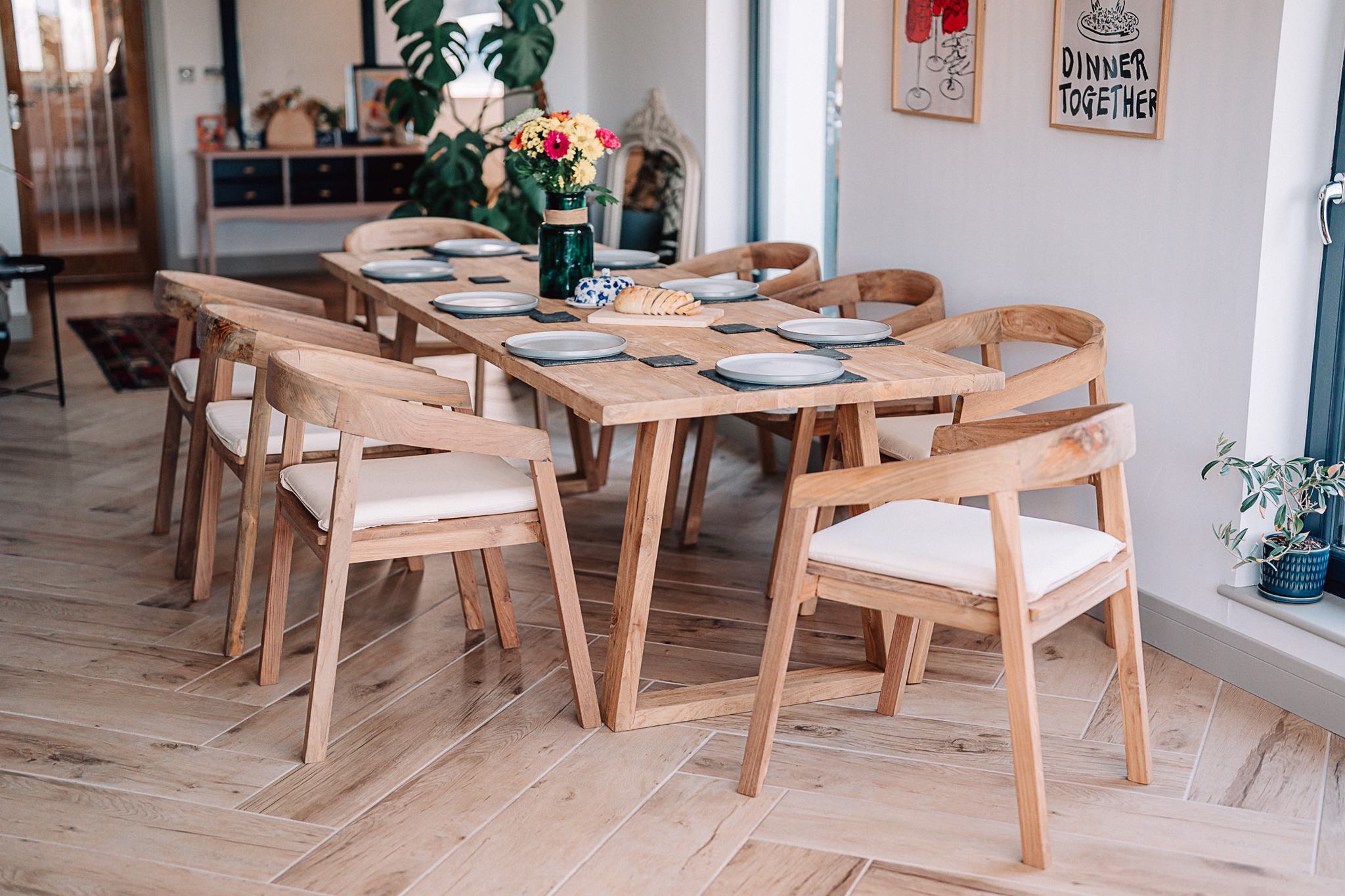 2.2m Kynance Reclaimed Teak Table with 8 Round Back Chairs with Cream Cushions