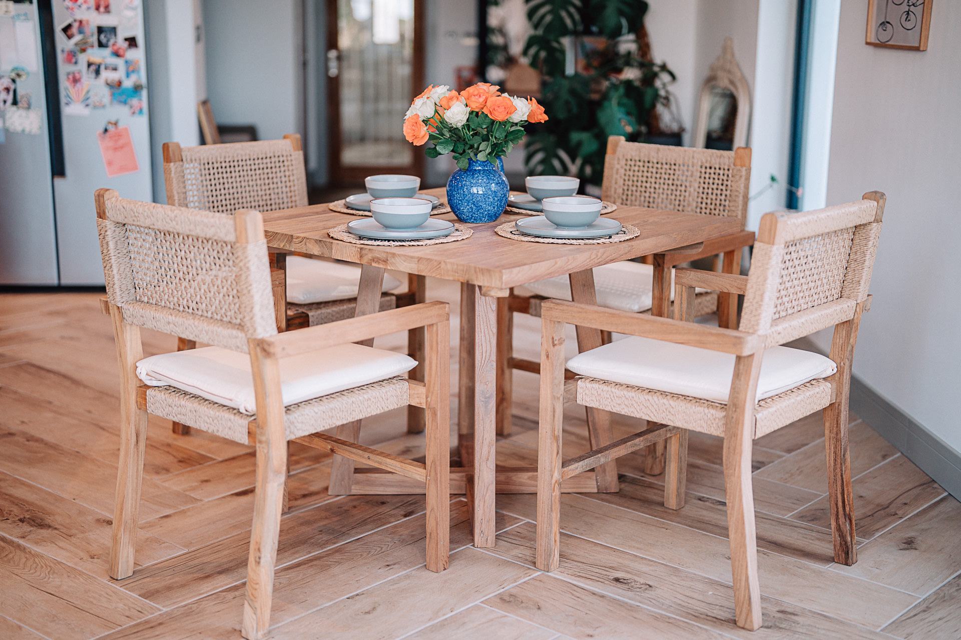 Lamorna 1m Reclaimed Teak Table with 4 Wicker Chairs and Cream Cushions