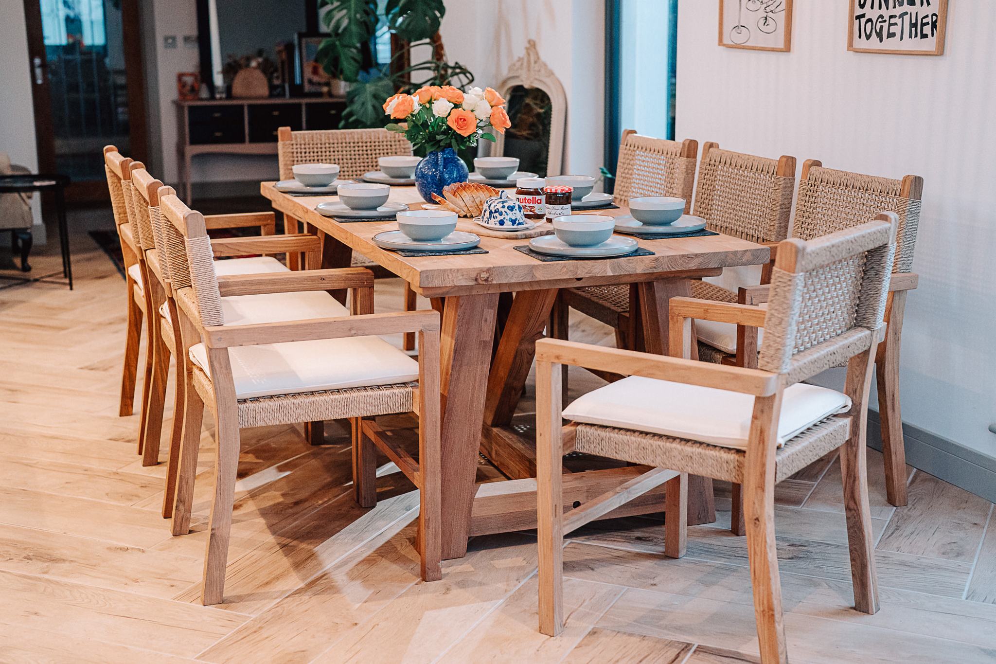 Solid Reclaimed Teak Rinsey 1.8m Table and 8 Wicker Chairs with Cream Cushions