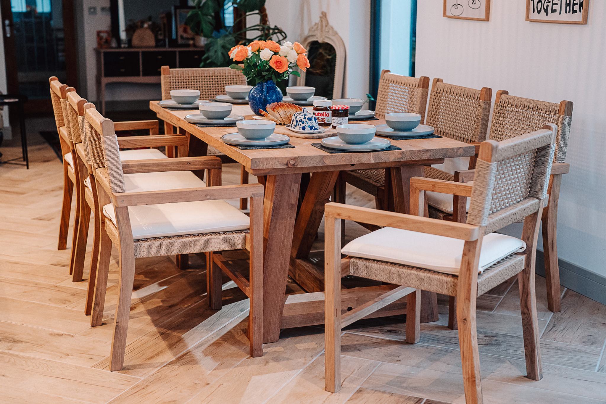 2.2m Reclaimed Solid Teak Rinsey Table with 8 Wicker Chairs and Cream Cushions