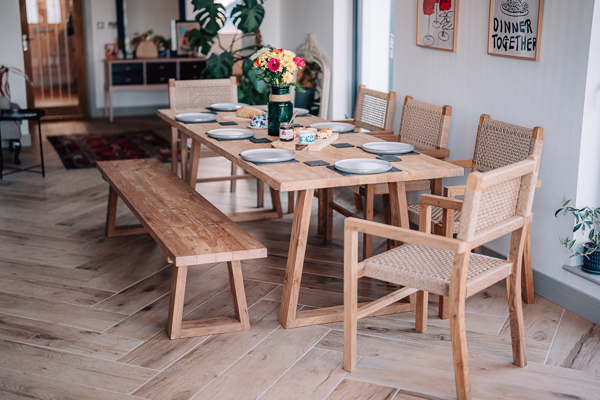Reclaimed Solid Teak Kynance 2.2m Table and Bench with 5 Wicker Chairs