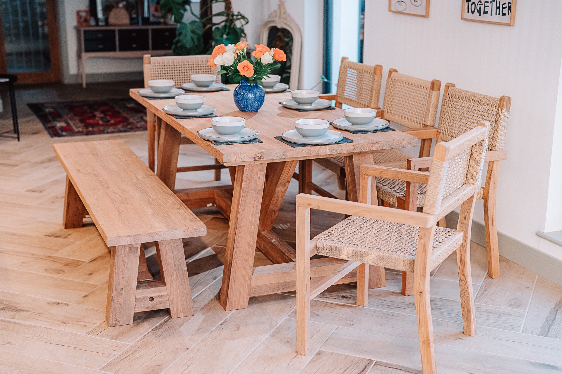 Rinsey 1.8m Reclaimed Teak Table and Bench with 5 Wicker Chairs