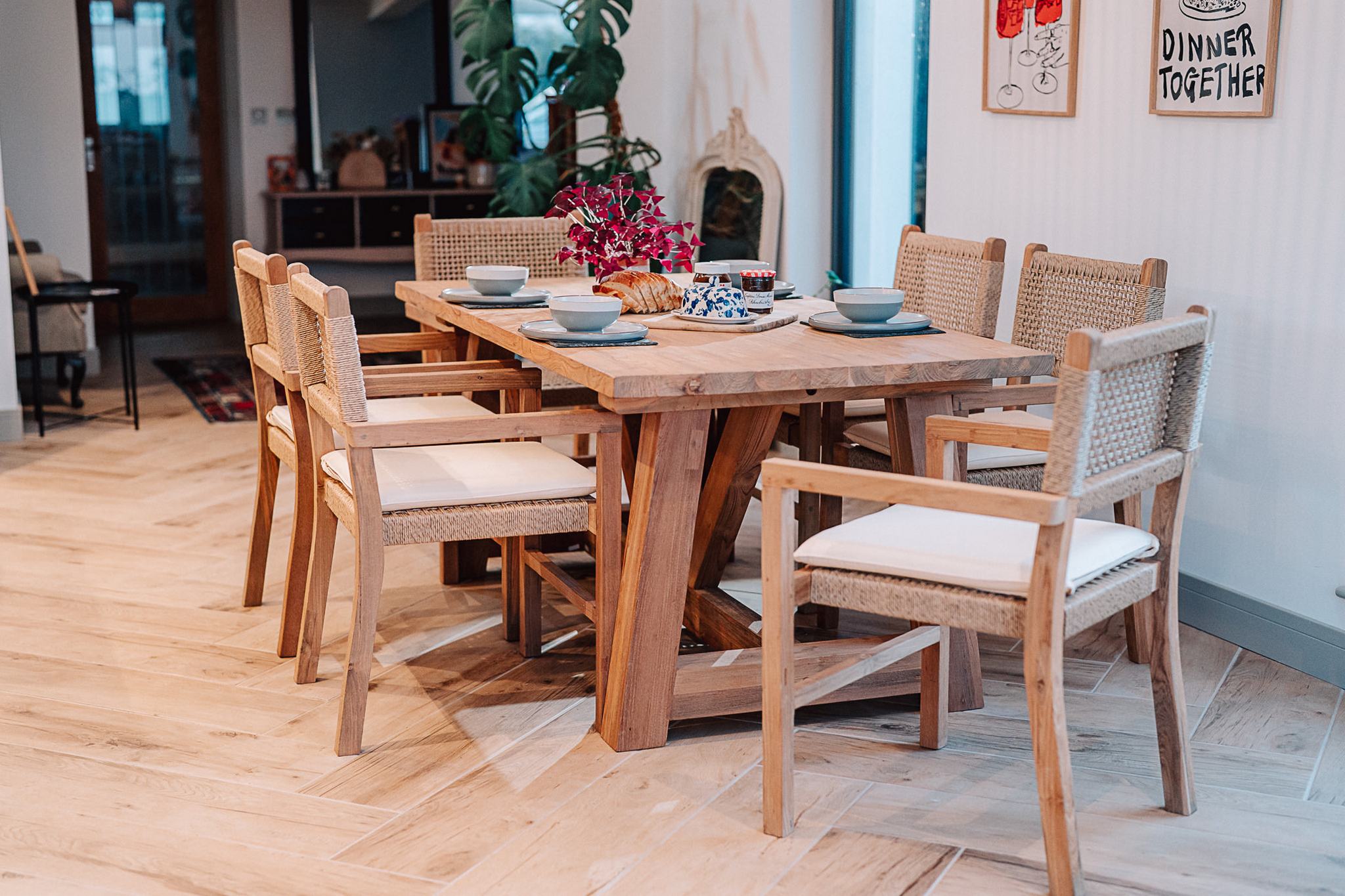 Reclaimed Solid Teak Rinsey 1.8m Table and 6 Wicker Chairs