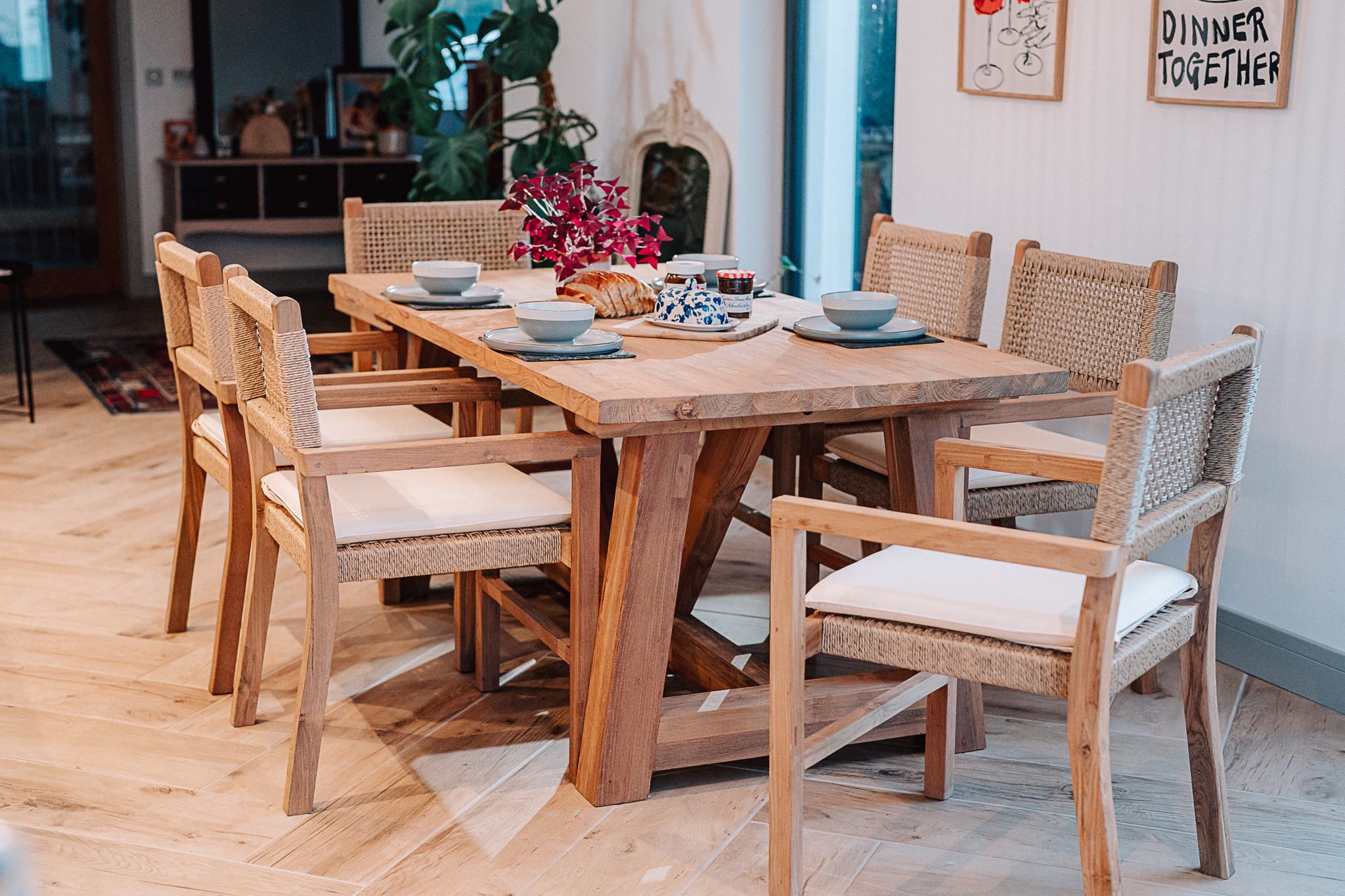 Reclaimed Solid Teak 2.2m Rinsey Table with 6 Wicker Chairs