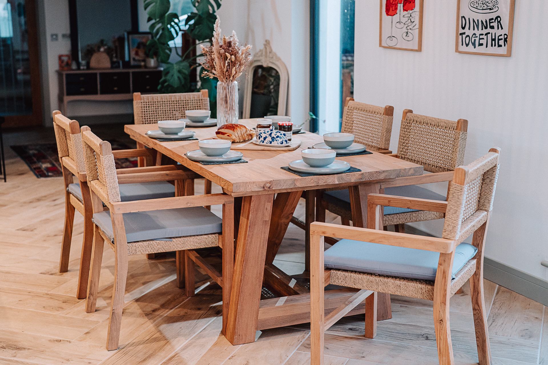 Solid Teak 2.2m Rinsey Table with 6 Wicker Chairs and Grey Cushions