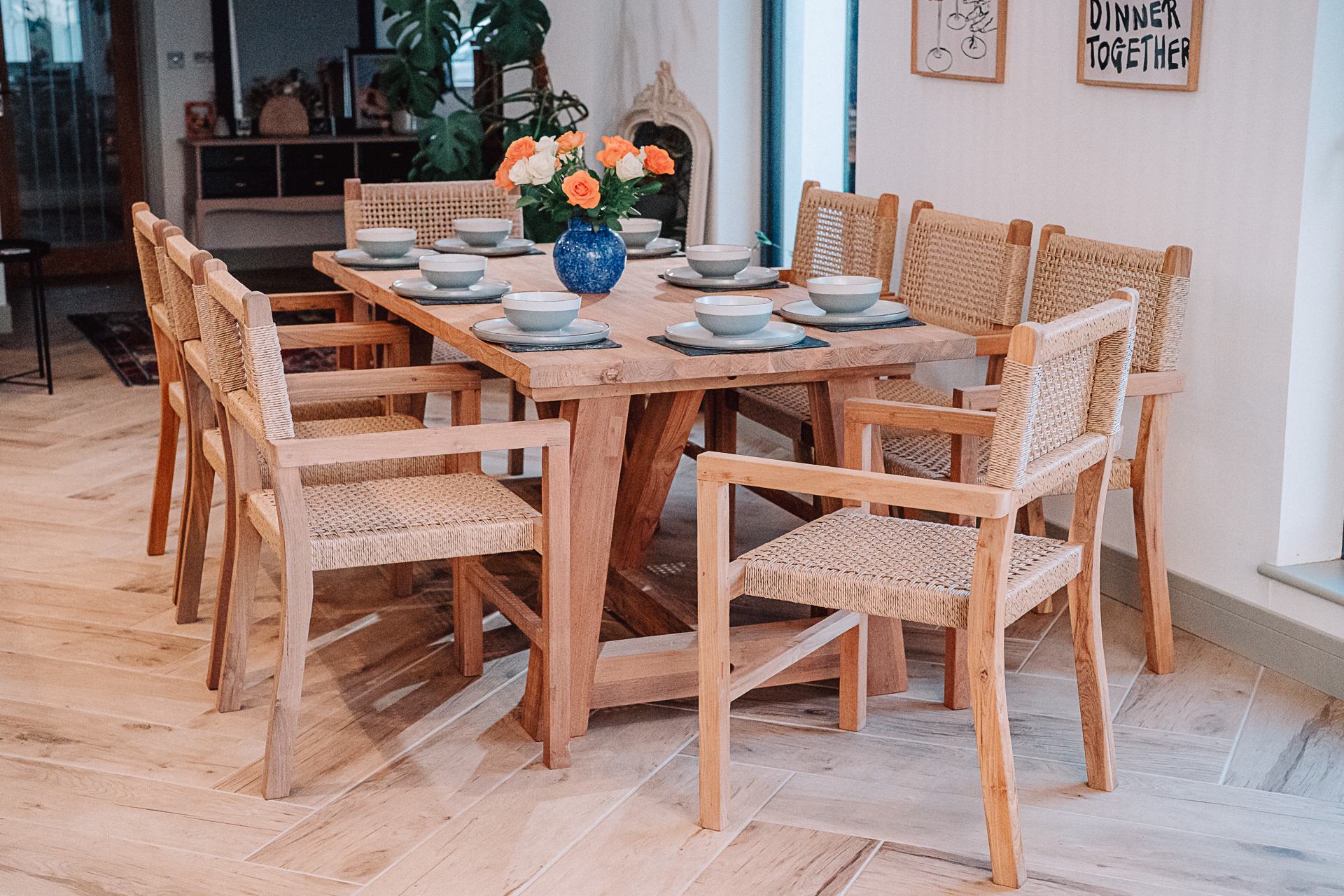 Rinsey Reclaimed Teak 1.8m Table with 8 Wicker Chairs