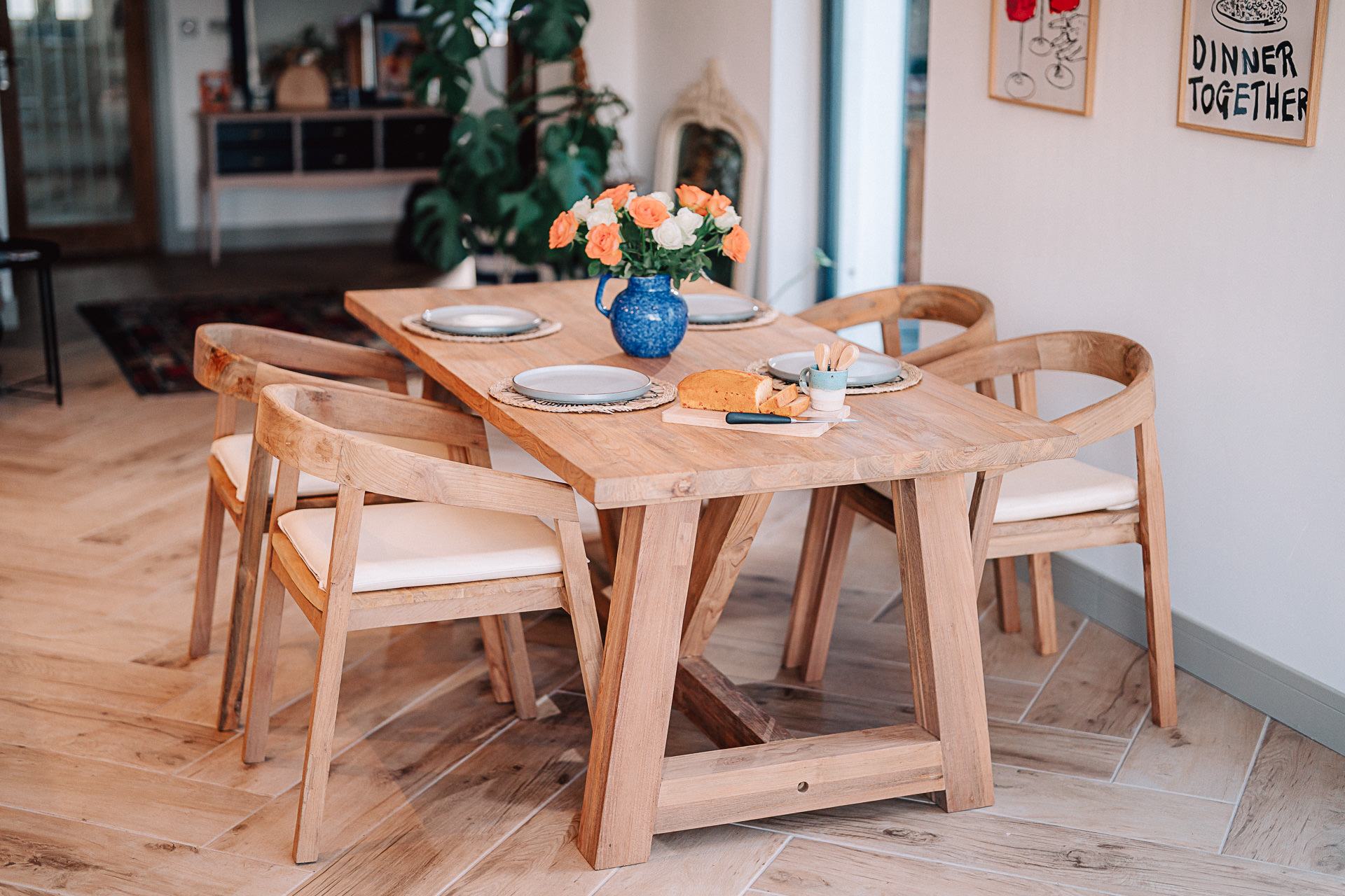 1.8m Rinsey Solid Reclaimed Teak Table and 4 Round Back Chairs with Cream Cushions