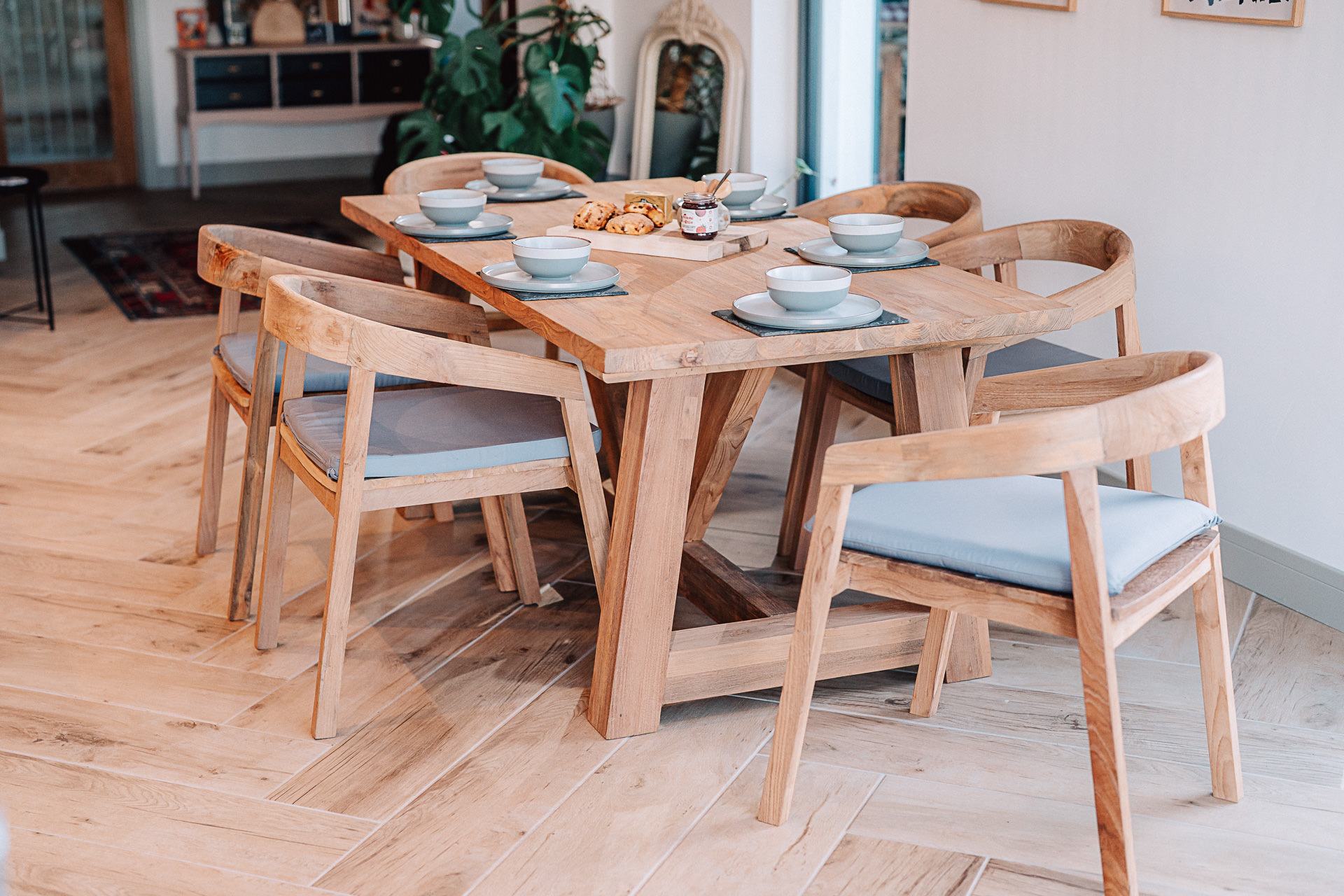 Solid Reclaimed Teak Rinsey 2.2m Table with 6 Round Back Chairs and Grey Cushions