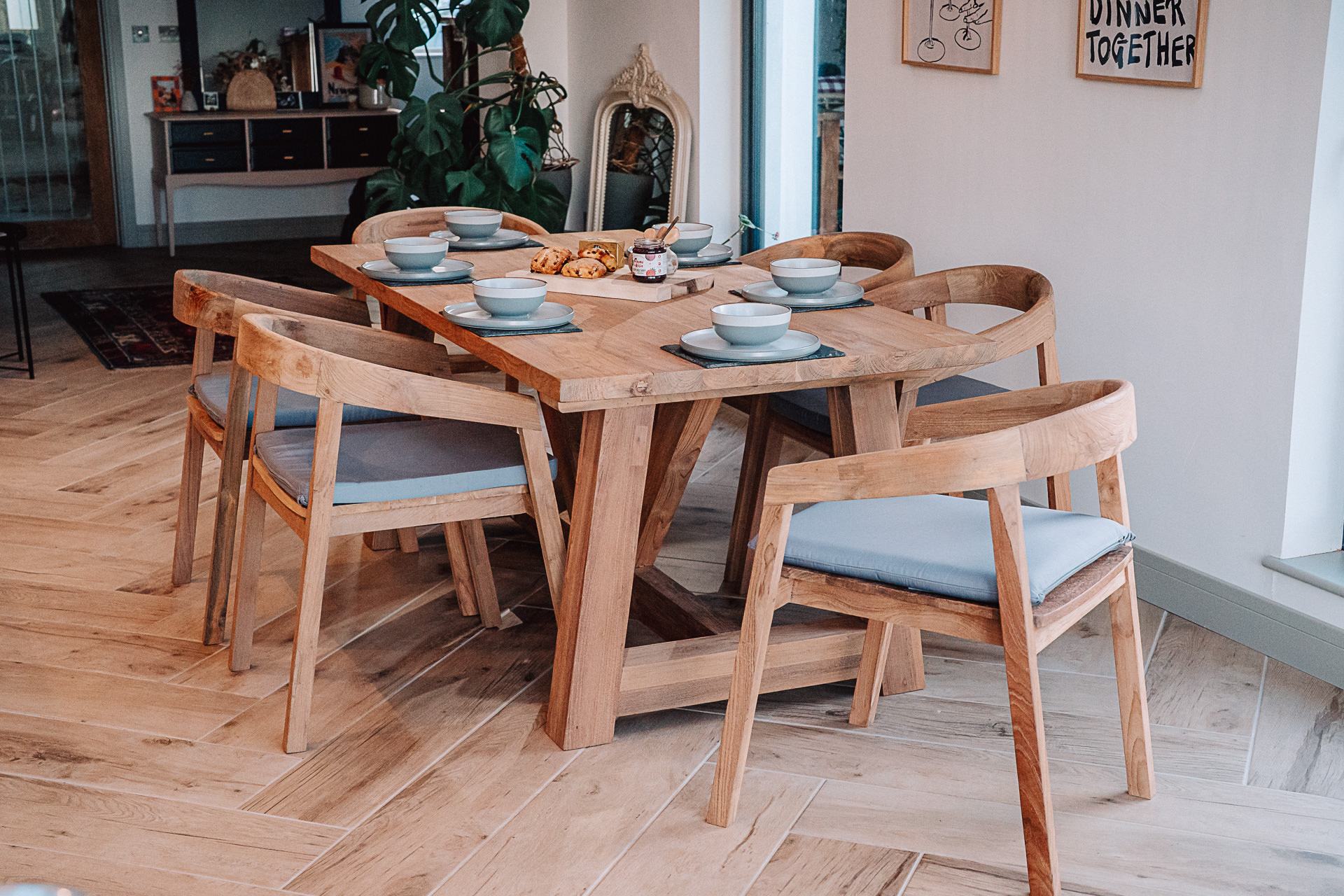 Rinsey 1.8m Solid Reclaimed Teak Table and 6 Round Back Chair Dining Set with Grey Cushions