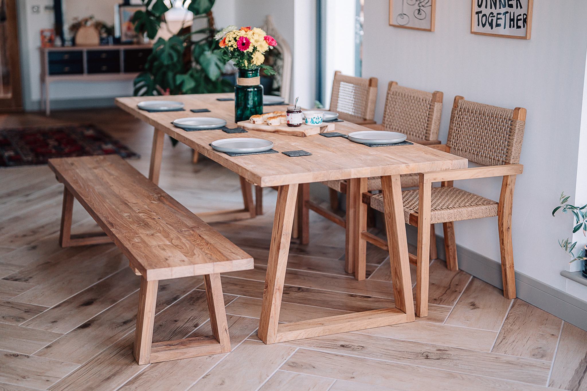 Kynance 2.2m Table and Bench in Reclaimed Solid Teak with 3 Wicker Chairs