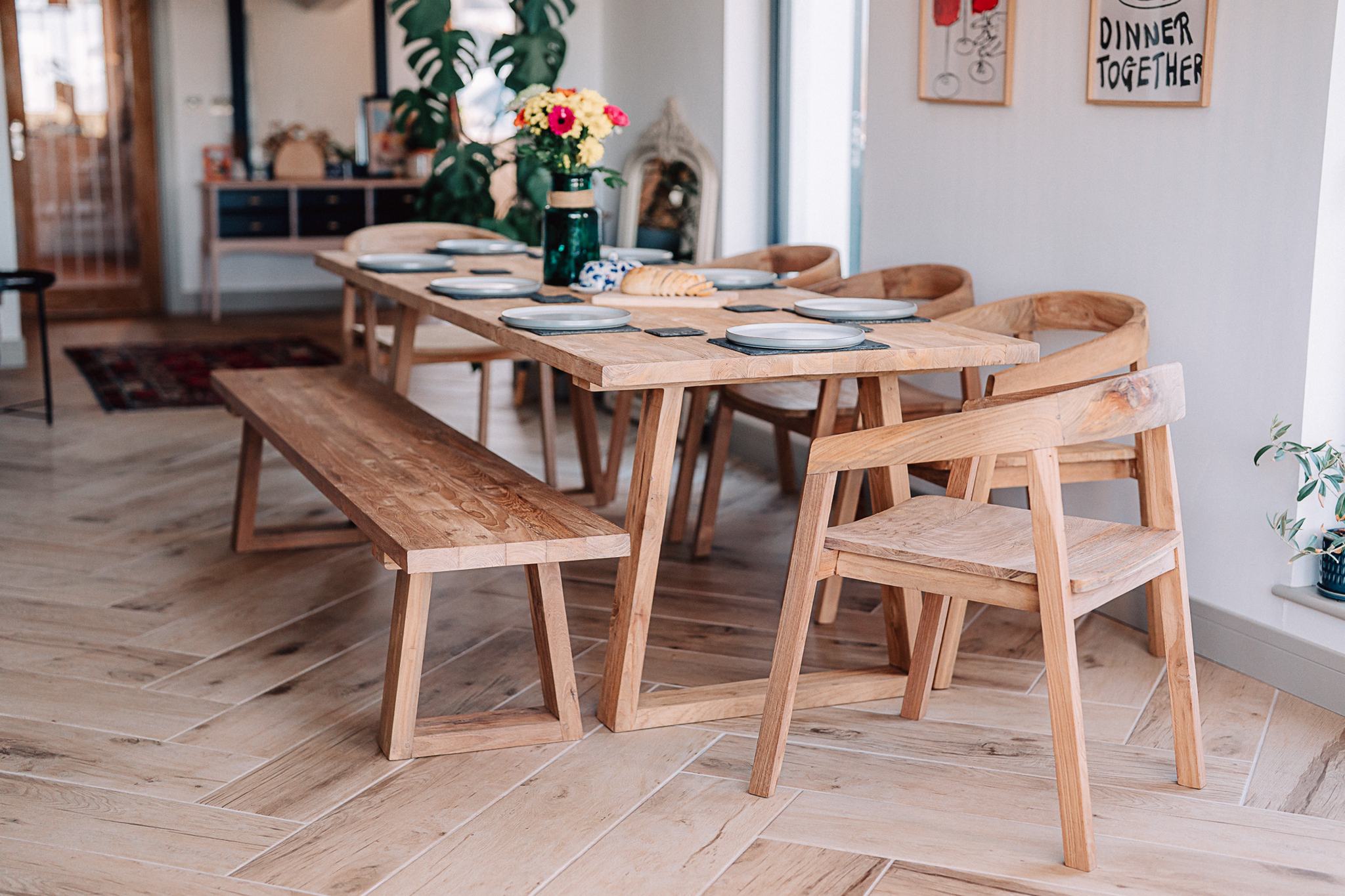 Reclaimed Teak 2.2m Kynance Table and Bench with 5 Round Back Chairs
