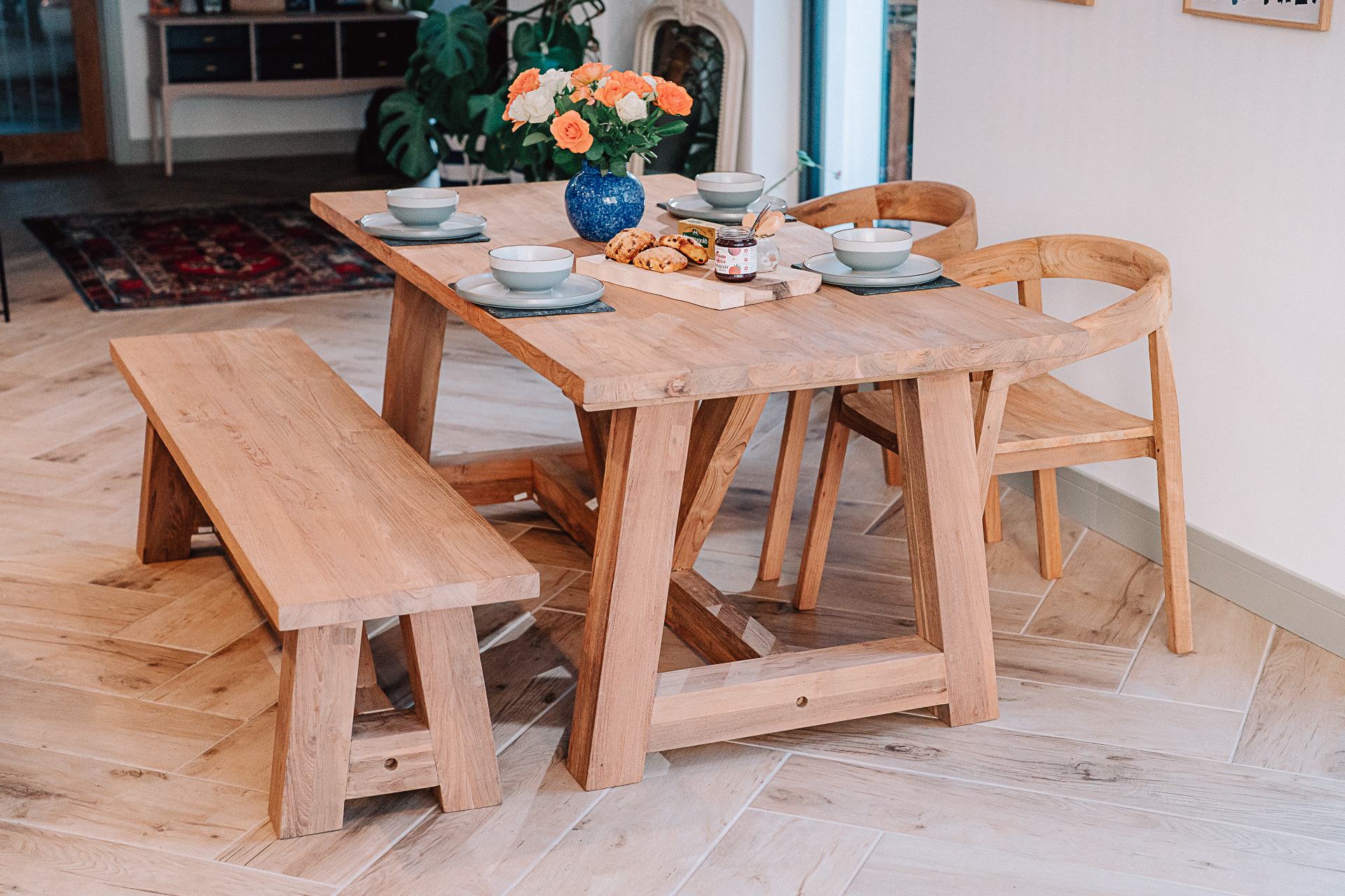 1.8m Rinsey Table and Bench with 2 Round back Chairs in Reclaimed Solid Teak