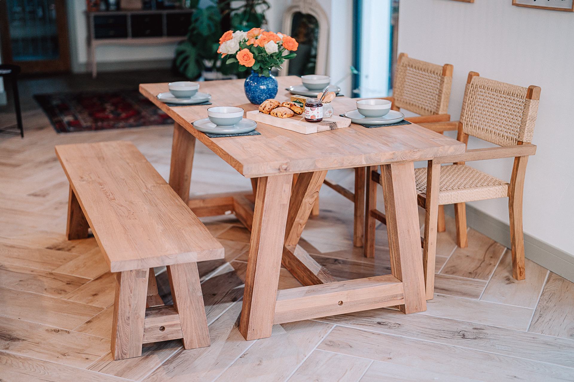 Solid Reclaimed Teak Rinsey 2.2m Table and Bench with 2 Wicker Chairs