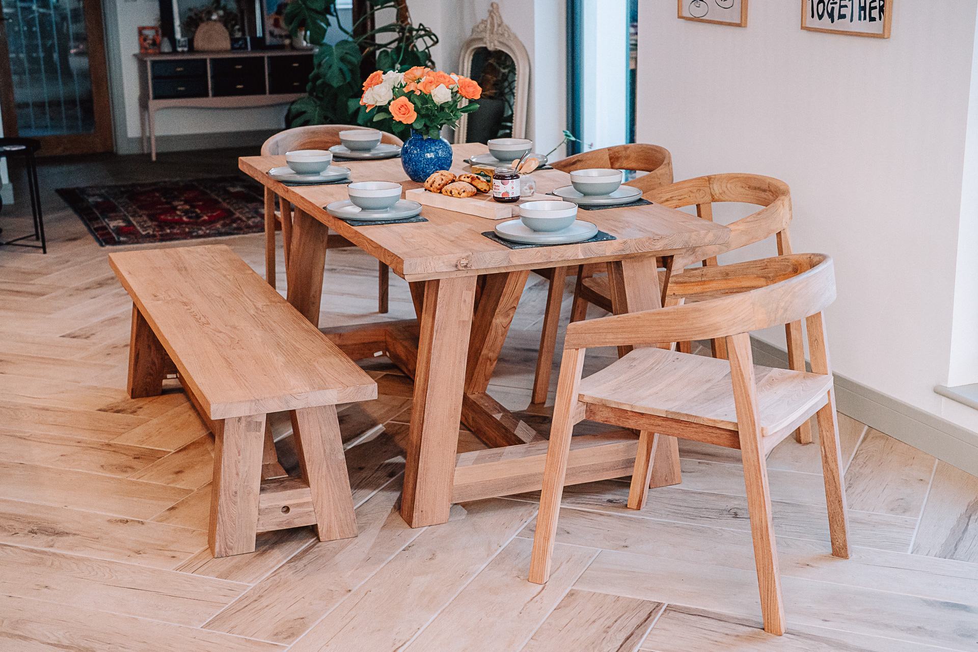 Reclaimed Solid Teak Rinsey 1.8m Table, Bench and 4 Round Back Chair Dining Set