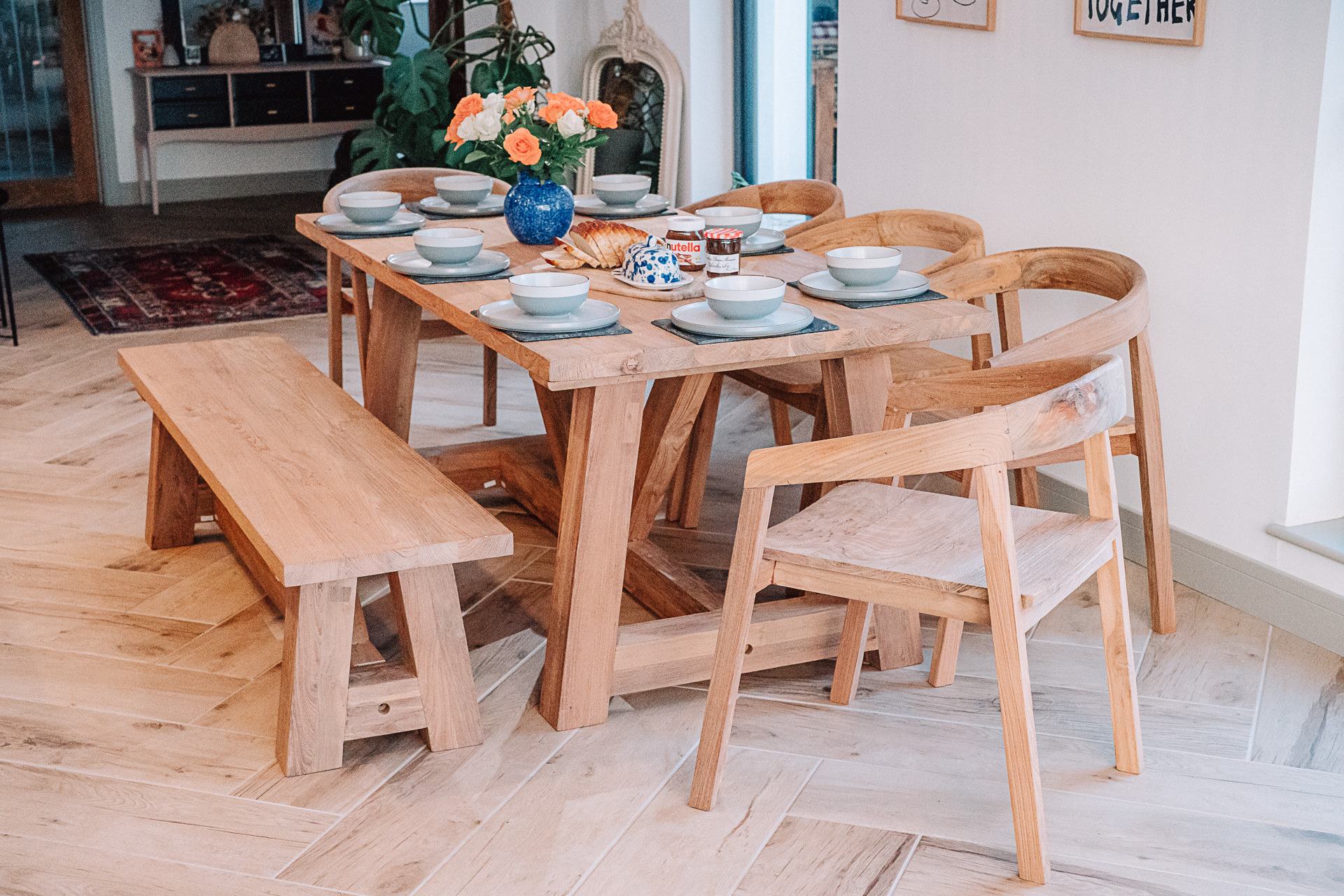 Rinsey Reclaimed Teak 1.8m Table with 1.8m Rinsey Bench and 5 Round Back Chairs