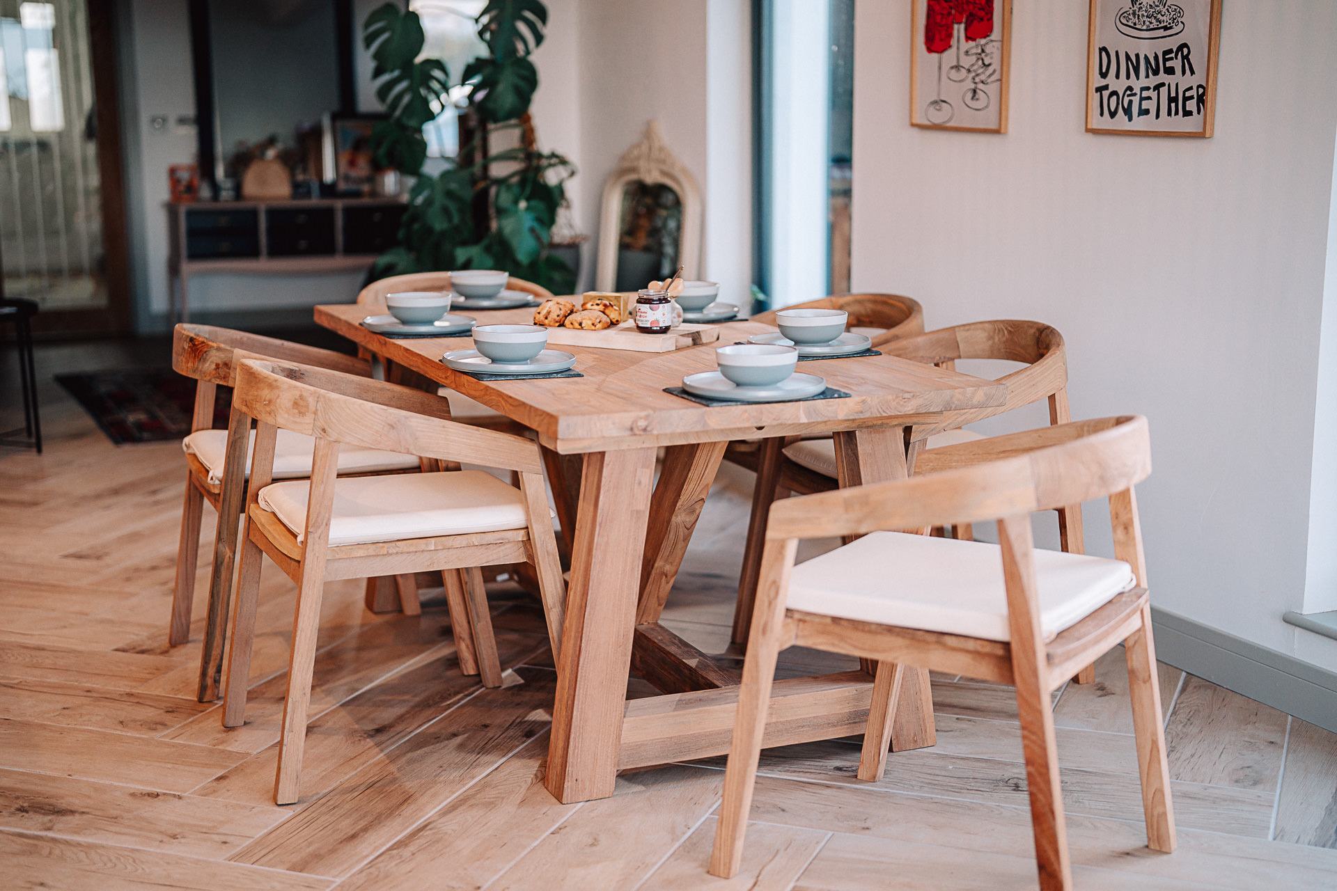 Solid Reclaimed Teak 1.8m Rinsey Table with 6 Round Back Chairs and Cream Cushions