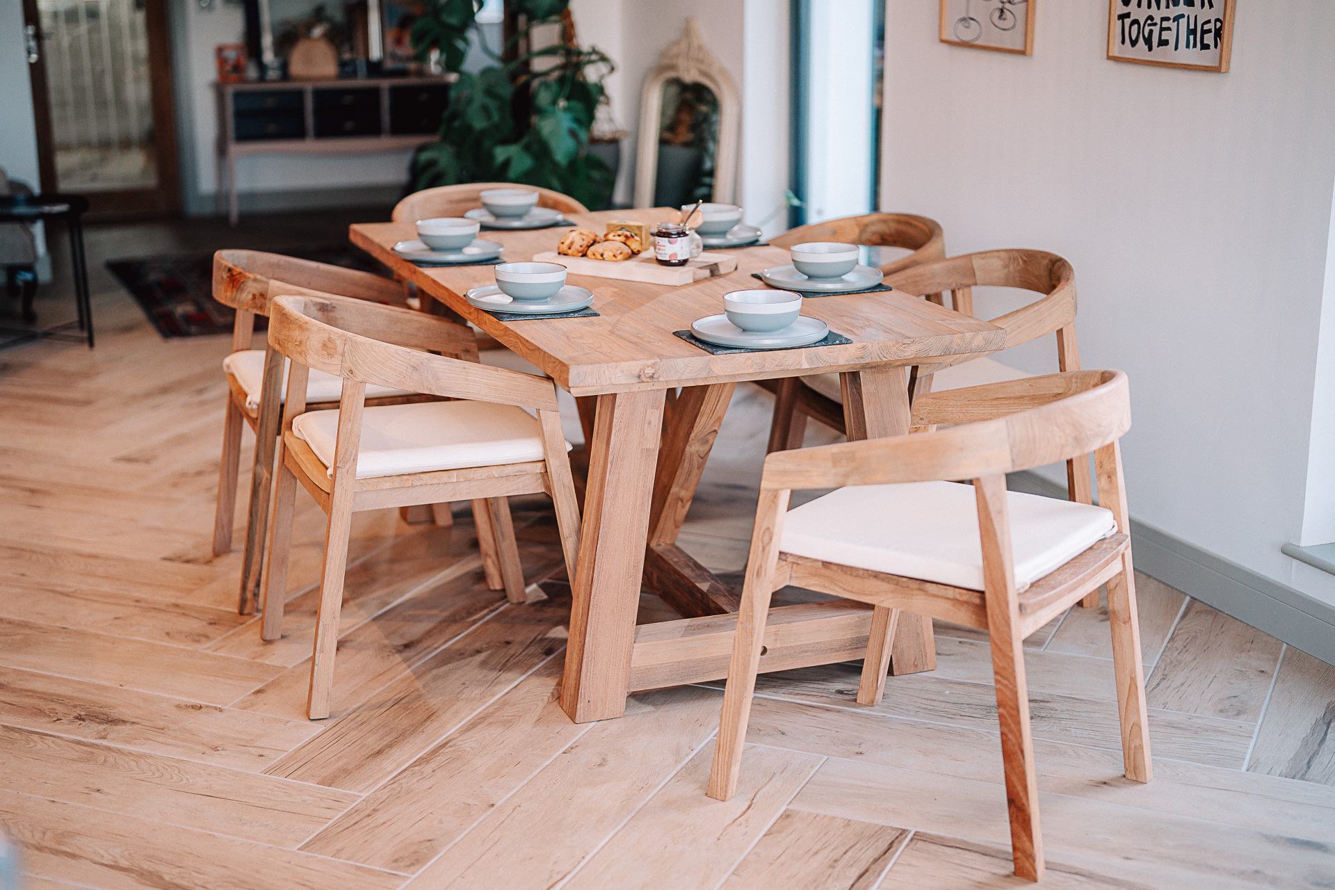 Rinsey 2.2m Solid Reclaimed Teak Table with 6 Round Back Chairs and Cream Cushions