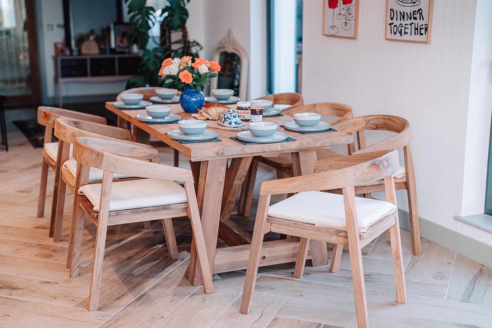 Rinsey Solid Reclaimed Teak 1.8m Table with 8 Round Back Chairs and Cream Cushions