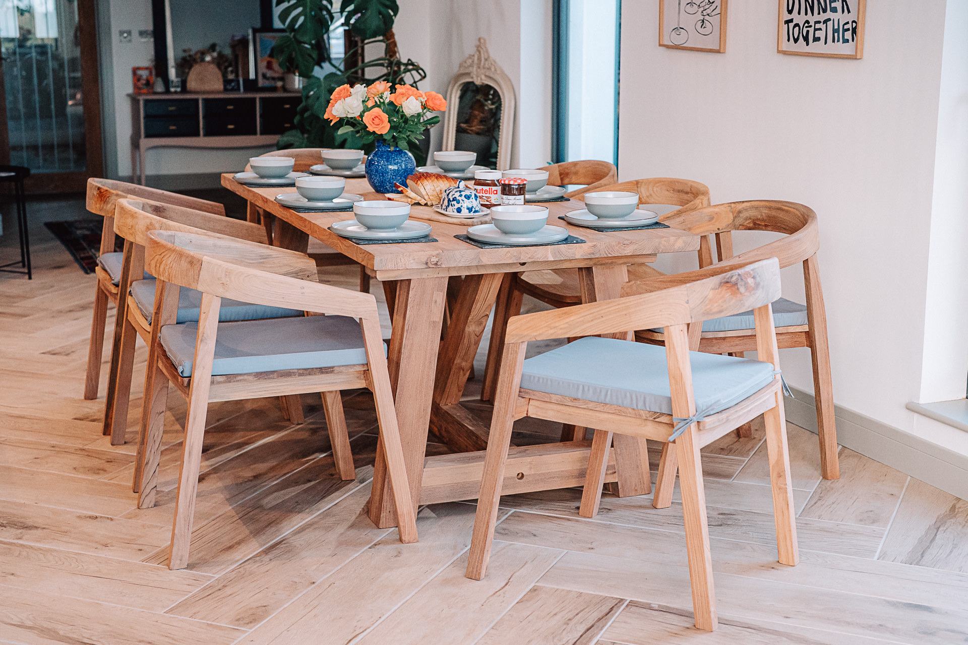 Solid Reclaimed Teak Rinsey 1.8m Dining Set with 8 Round Back Chairs and Grey Cushions