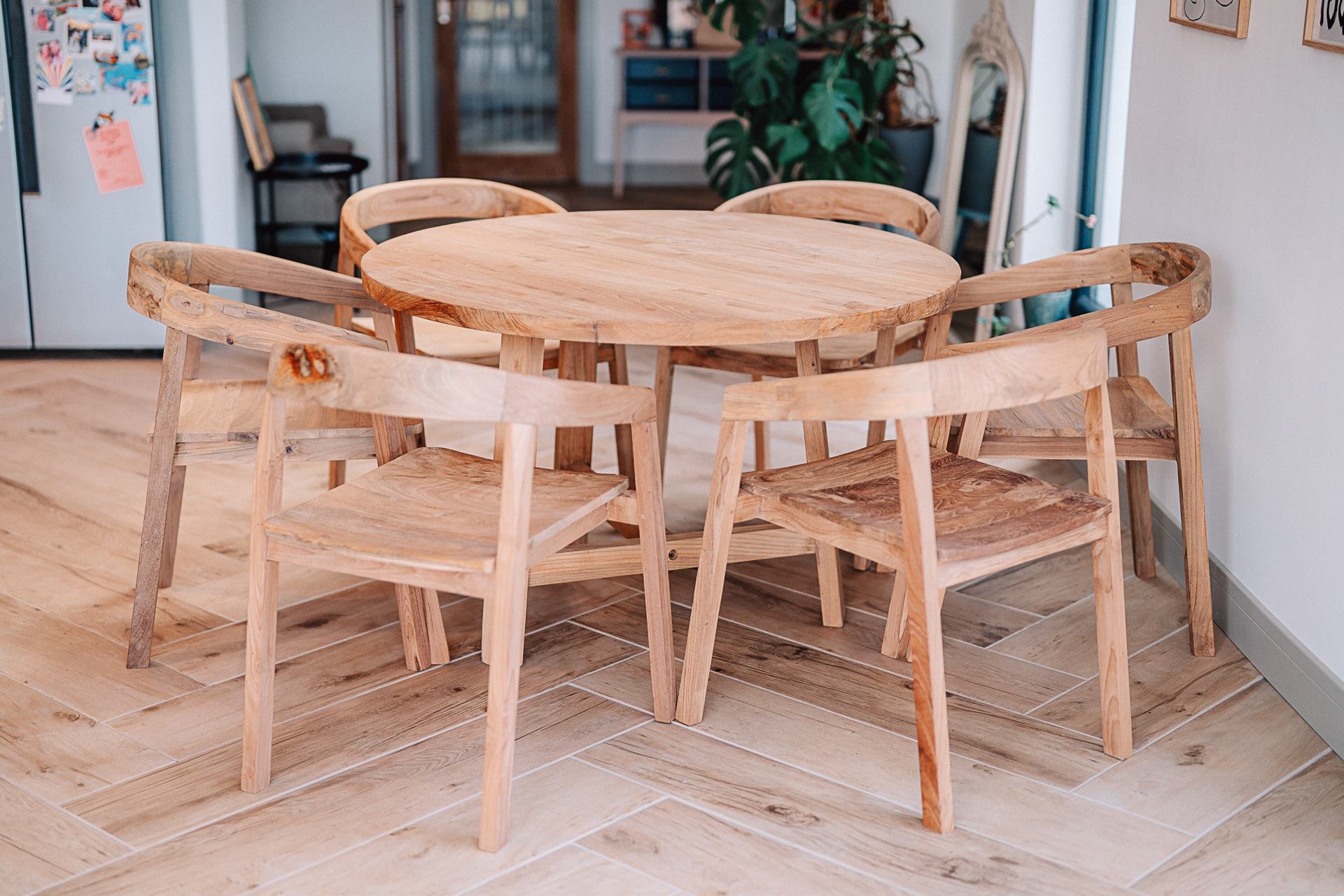 Teak 1.2m Treen Circular Table with 6 Round Back Chairs Dining Set
