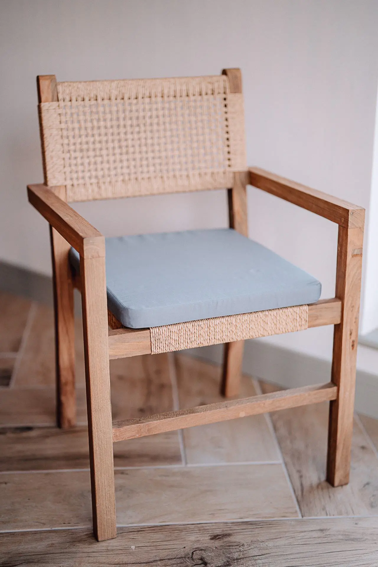 Solid Reclaimed Teak Wicker Chair and Grey Cushion
