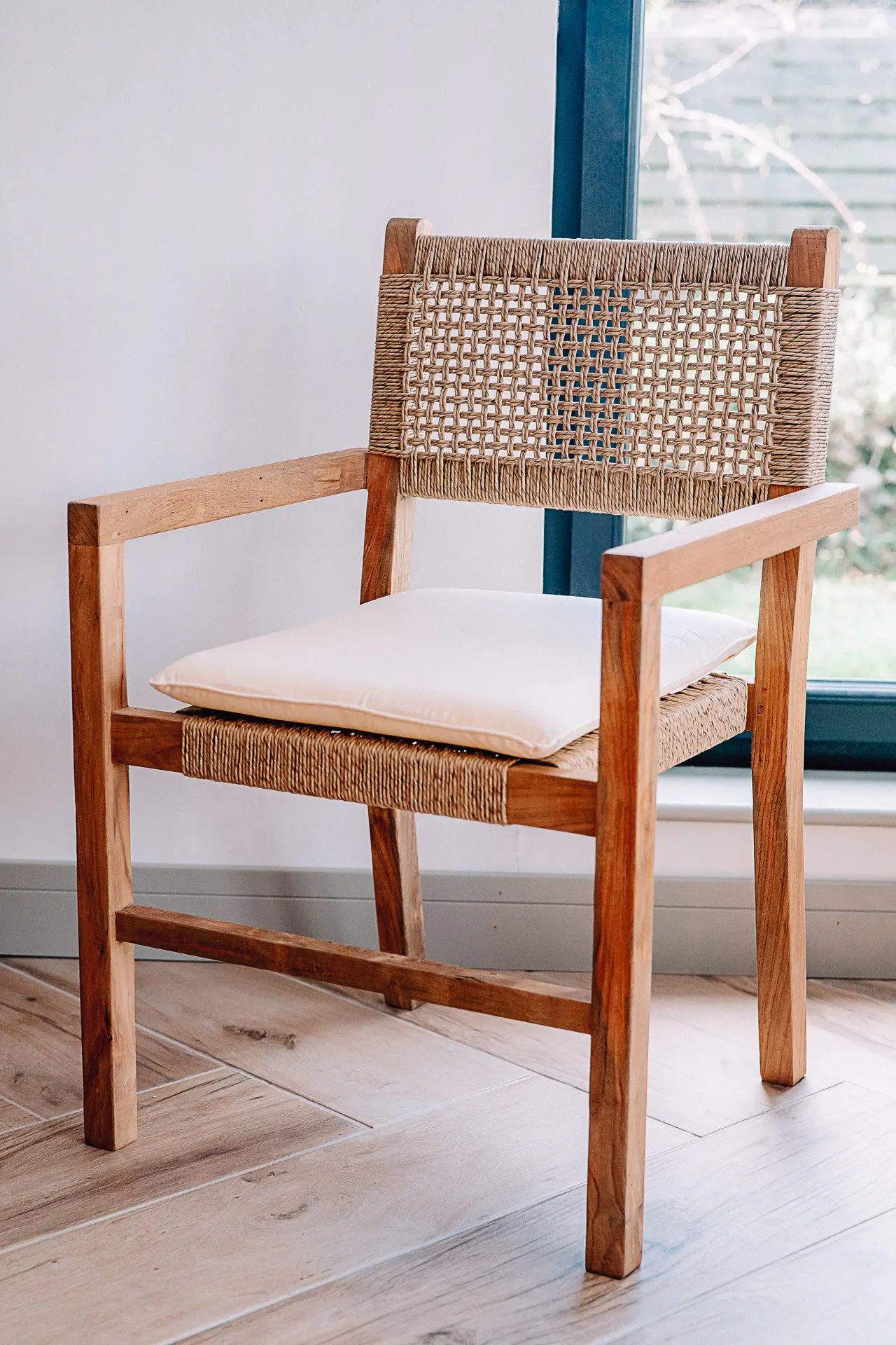 Reclaimed Teak Wicker Chair with Cream Cushion