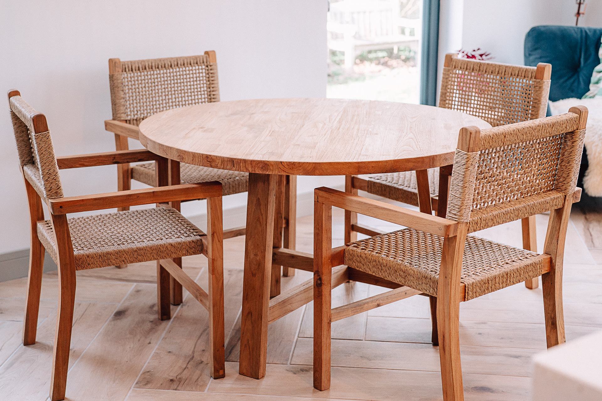 Reclaimed Teak Treen 1.2m Table and 4 Stackable Wicker Chairs Dining Set