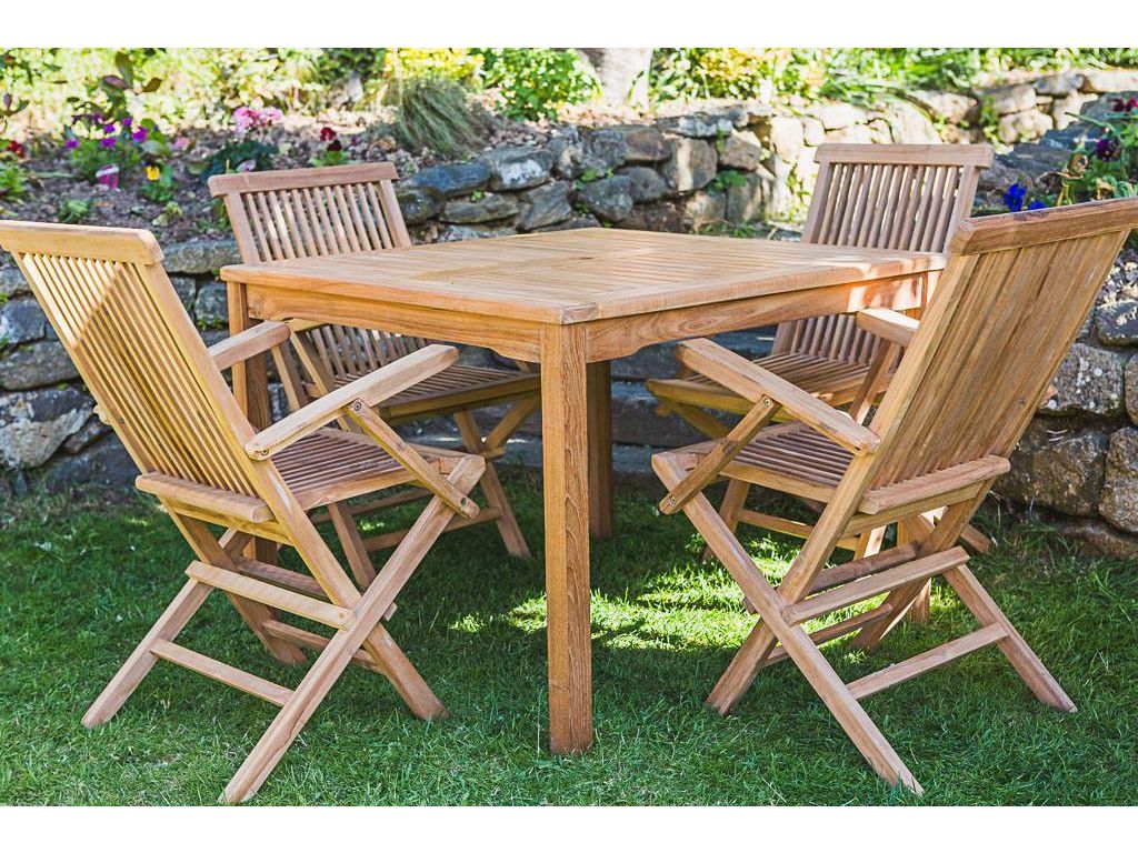 1m solid teak fixed square table and folding arm chair patio table and chair set 1