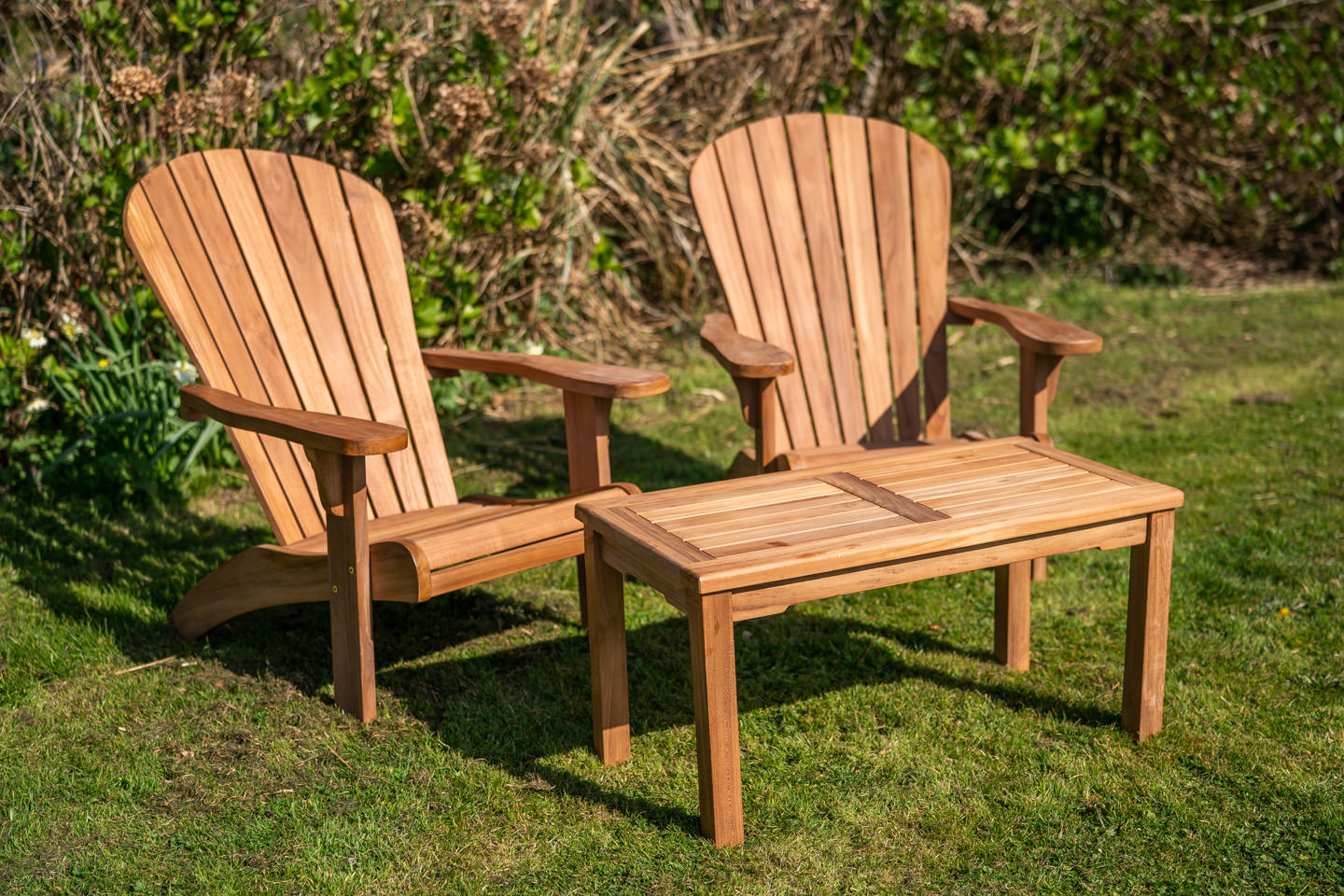 Garden Furniture Devon 1 Adirondack Teak couple set with large coffee table 1