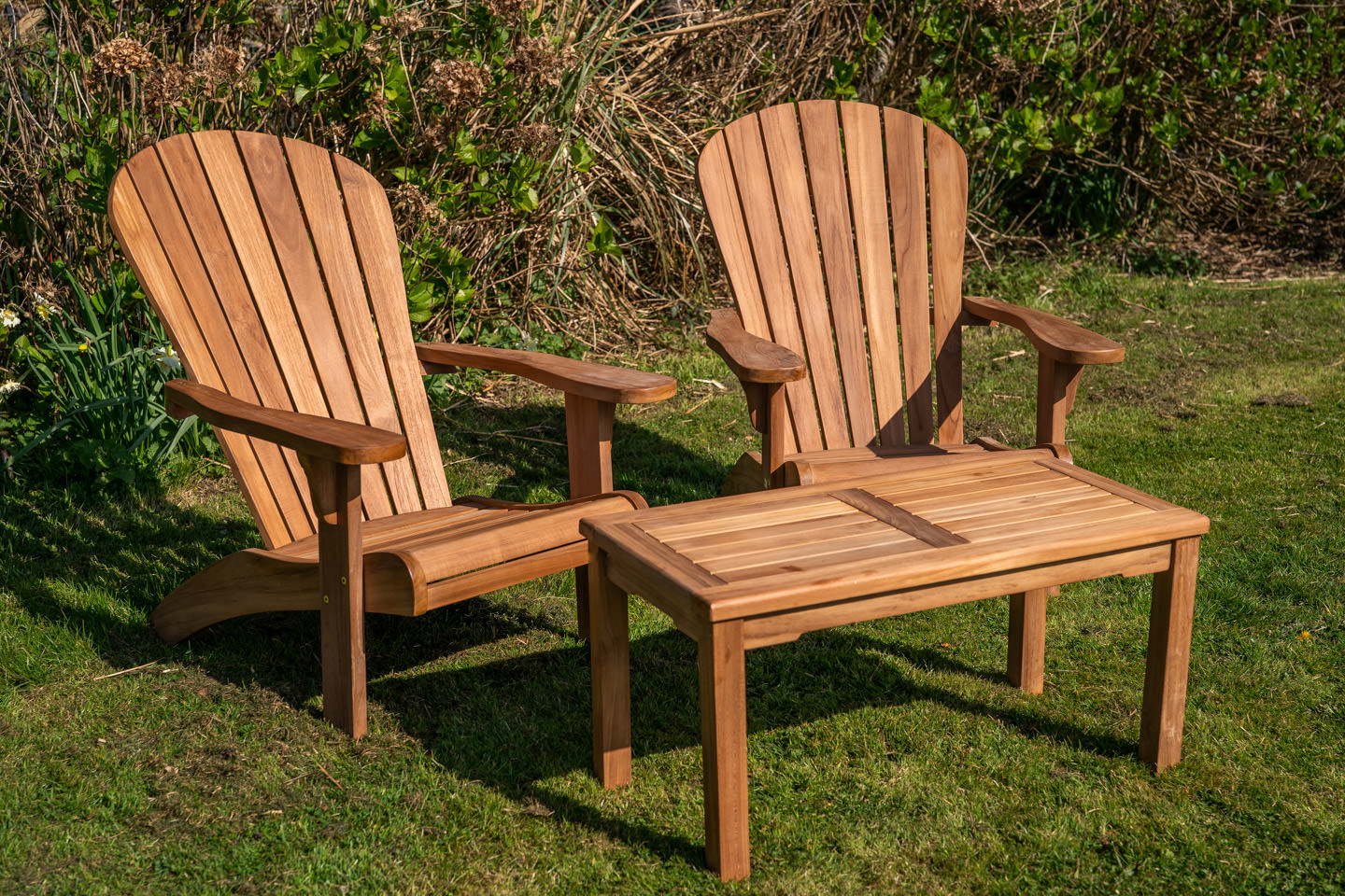 Garden Furniture Glasgow 1 Adirondack Teak couple set with large coffee table 2 1