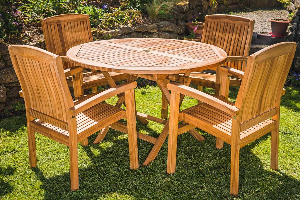 Teak 4 seater 120 round folding fixed armchair patio set 06