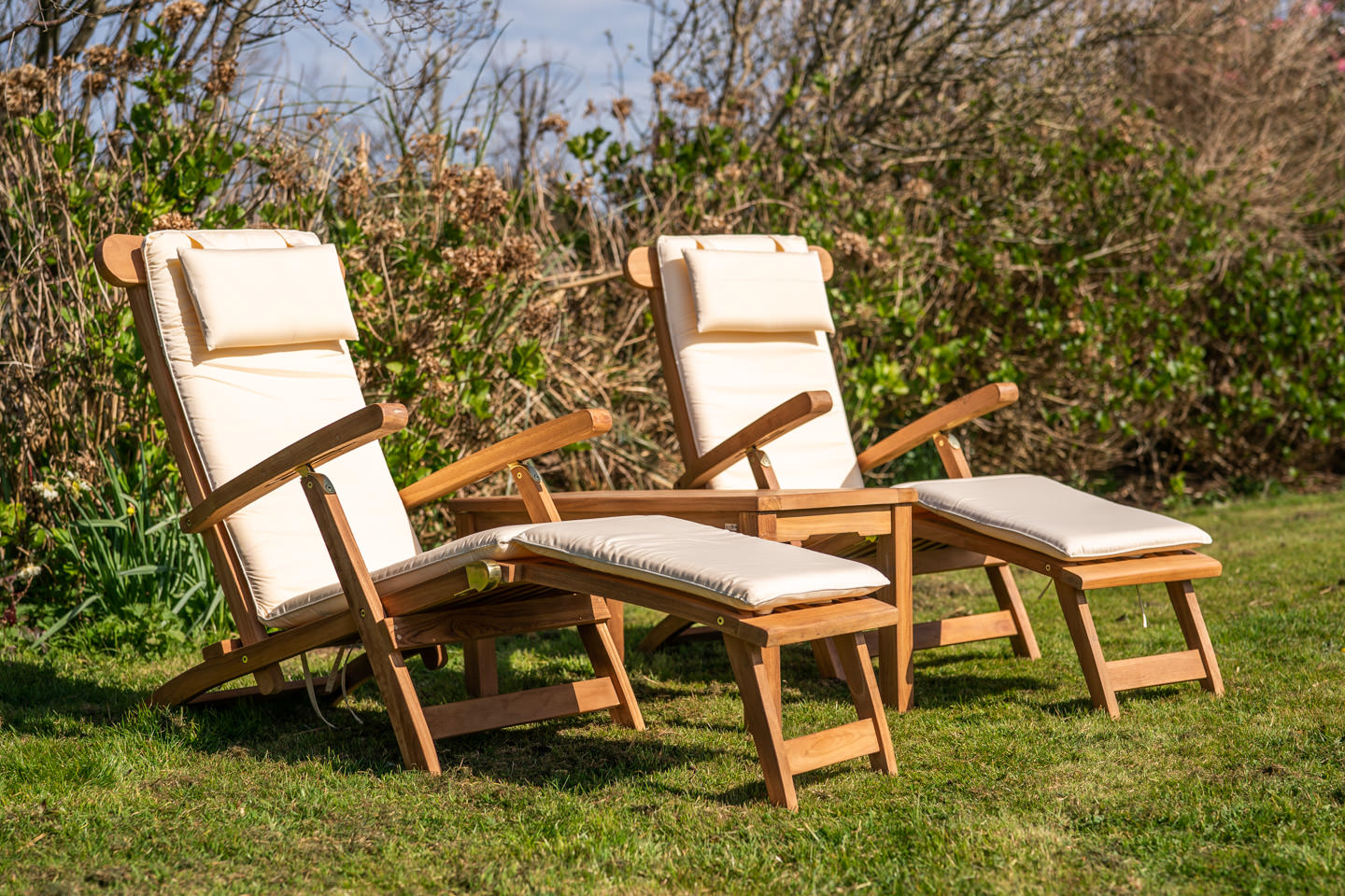 Garden Furniture Devon 3 Teak Solid Wood sun loungers couples set large coffee cushions 3