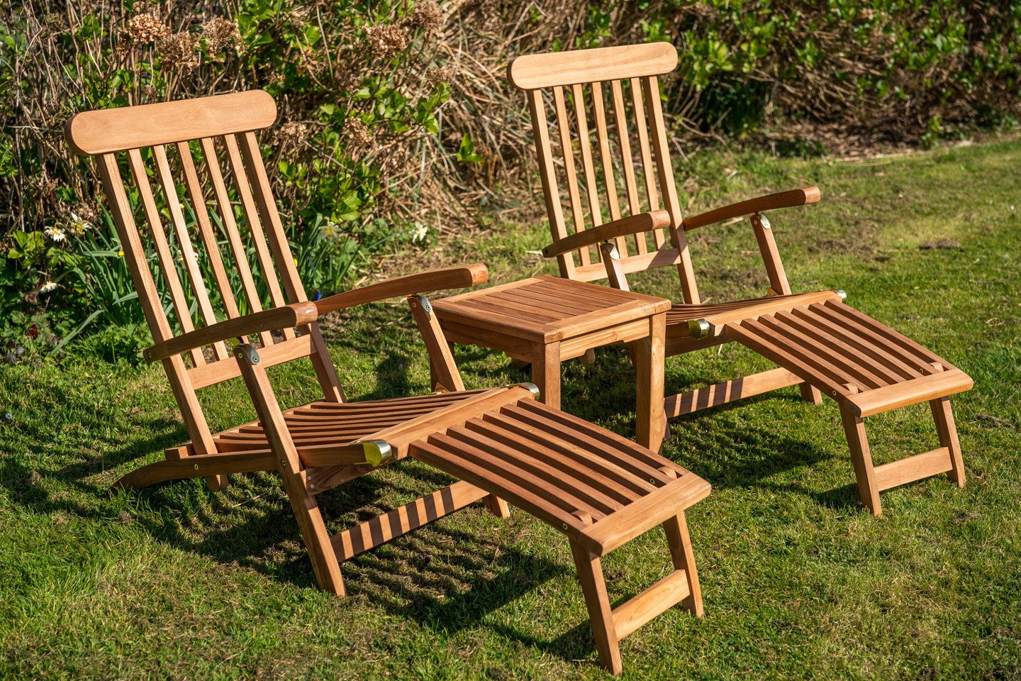 Teak garden sun lounger couples set 3