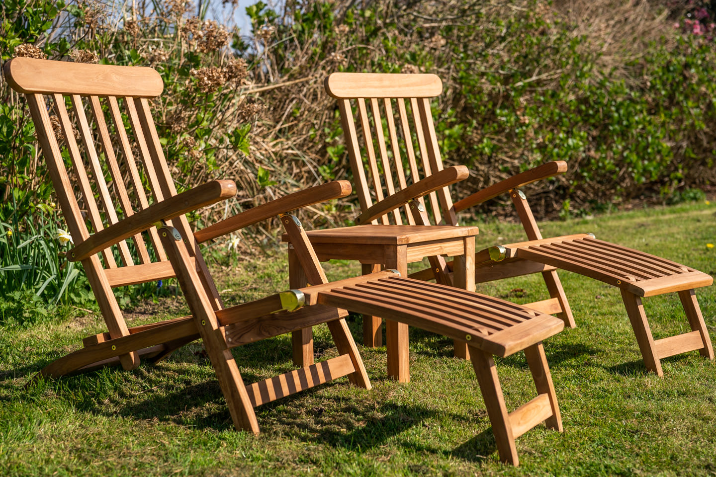 Teak garden sun lounger couples set 4