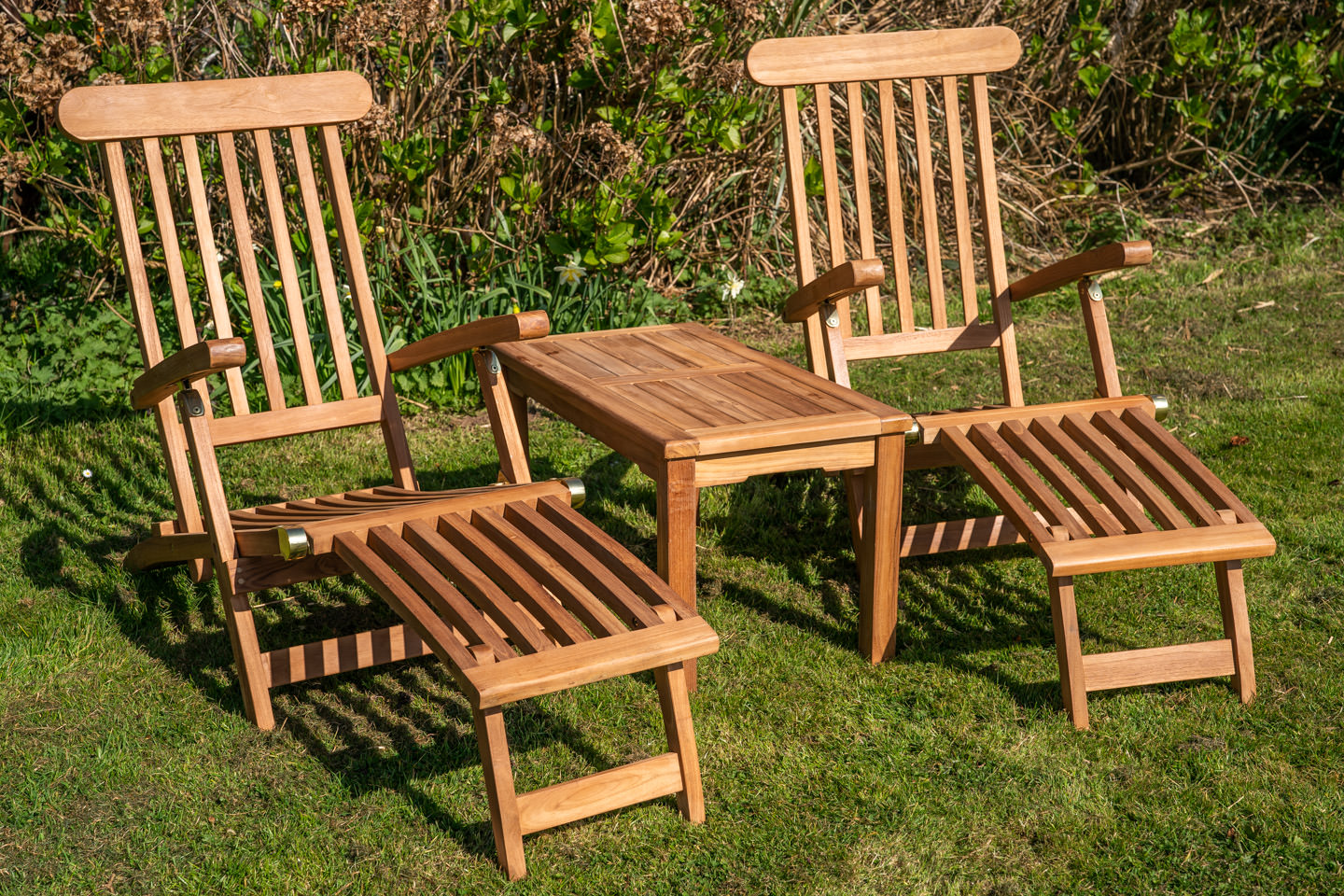 Wooden sun lounger couples set with large coffee 2