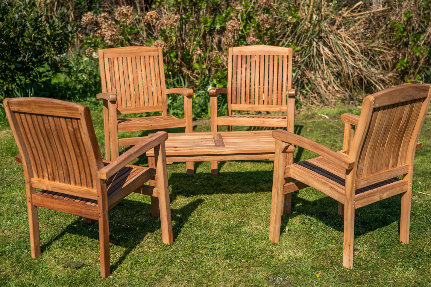 family fixed teak marley stacking chair coffee table set 1